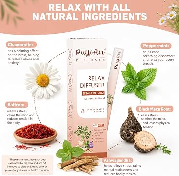 Herbal Diffuser Pen, Relax Diffuser with Chamomile, Peppermint, Saffron, Ashwagandha & Black Maca Root for Breathing in Calm, All Natural Swap - Up to 600 Uses, 1 Pack