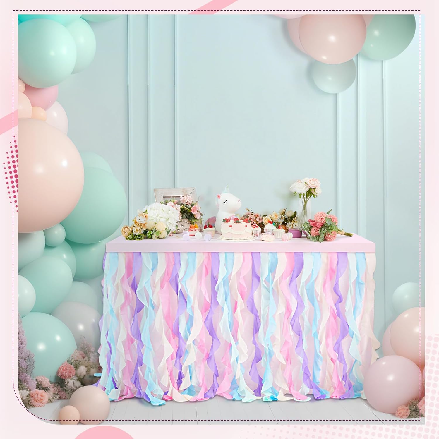 FoldTier Rainbow 6ft Tutu Tulle Willow Table Skirt and 4 Rectangle Tablecloth for Birthday Party Princess Baby Shower Unicorn Wedding Bridal Mermaid with Double Layer Curly Organza Ruffle