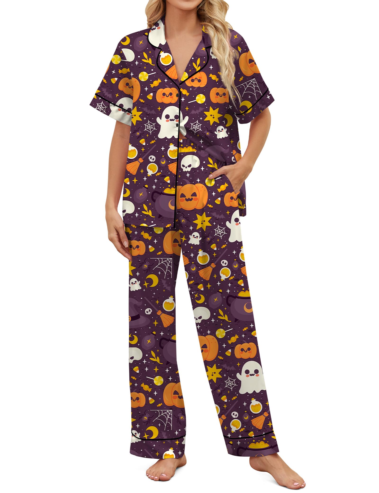 SHESHOW Halloween Pajamas Women Satin Short Sleeve Long Pants 2 Piece Sets Funny Ghost Halloween Pajams Women S