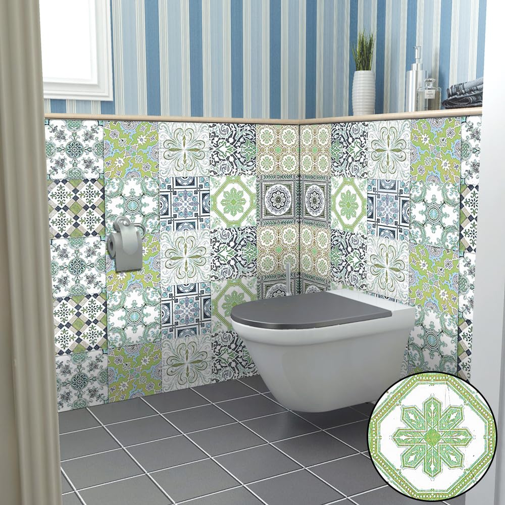 Tile Stickers Mint Green Vintage Stick on Tiles Vinyl Self Adhesive Wall Tiles Oil-Proof Tile Stickers for Kitchen Tile Stickers for Bathroom Waterproof Stick on Wall Tiles 10 Pcs/10x10cm
