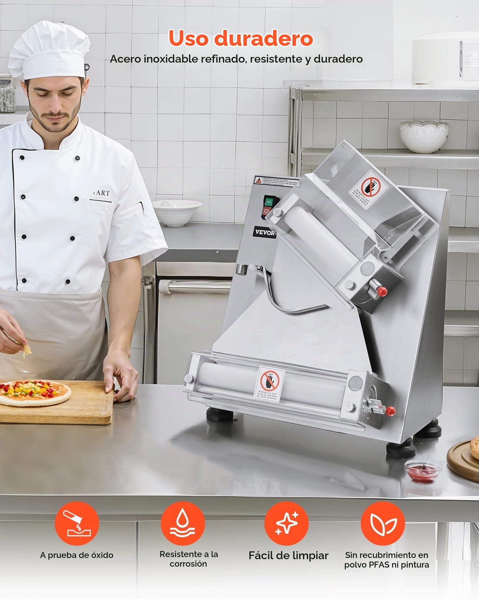 VEVOR Rodillo Laminador de Masa para Pizza, Prensa Automática de Acero Inoxidable de 7,6 a 35,5 cm, 260 Piezas por Hora, Grosor Ajustable, con Tapa para Prensar Masa, 465 x 500 x 640 mm, Plata
