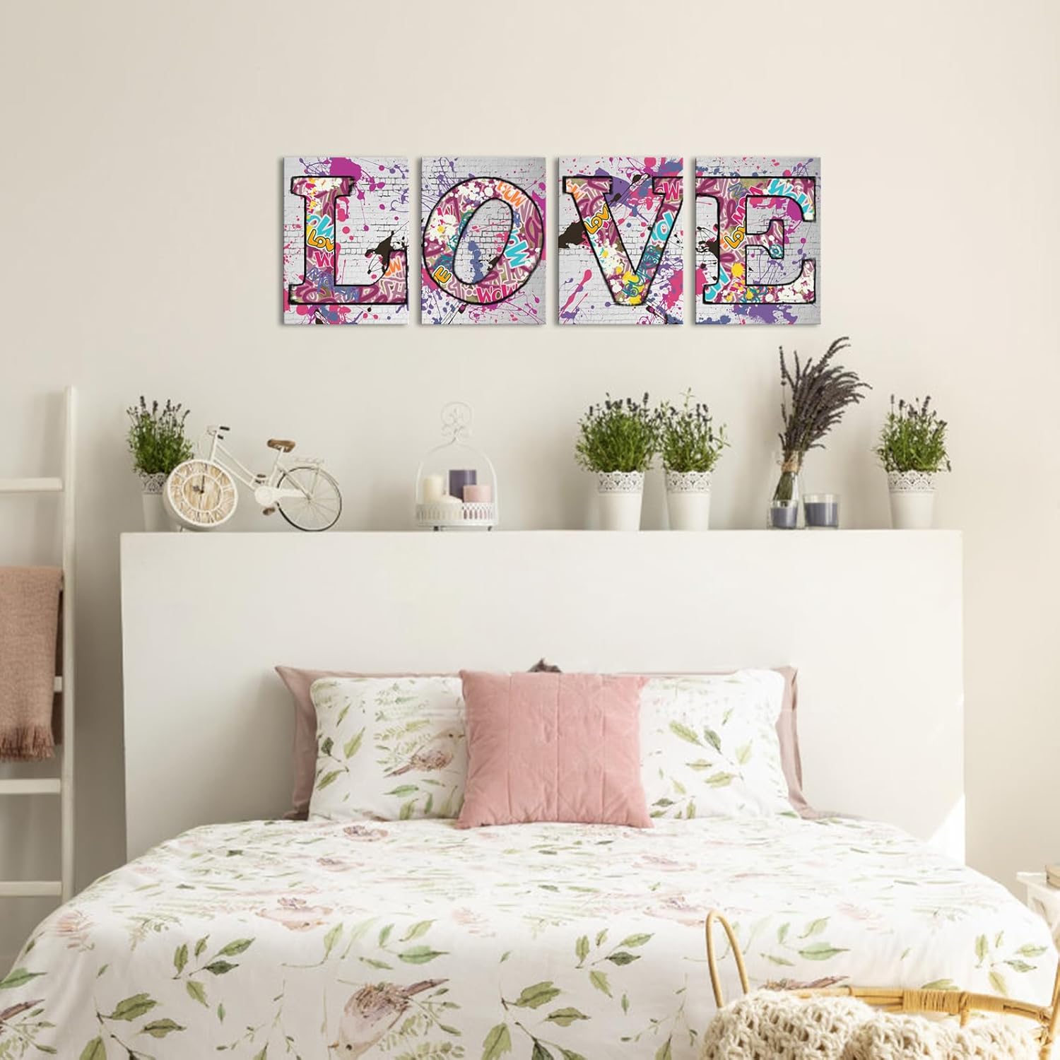 OuElegent 4 Piece Love Canvas Prints Graffiti Street Art Painting Pictures Modern Artwork Poster for Living Room Bedroom Bathroom Wall Decor Framed Ready to Hang