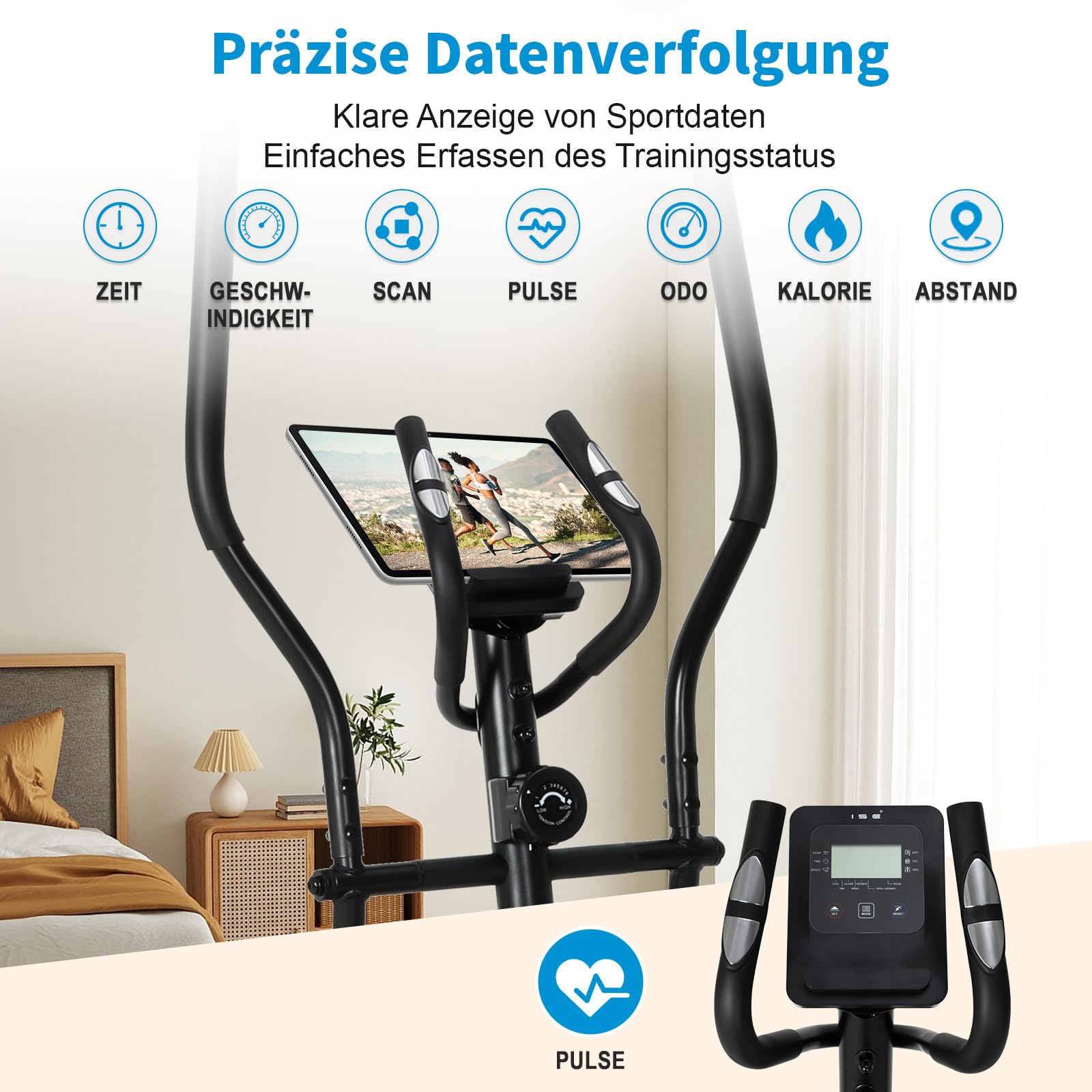 ISE Crosstrainer mit 28 cm Schrittlänge Crosstrainers für Zuhause, Ultraleiser Ellipsentrainer mit 8-stufiger Widerstand Magnetisch Ellipsentrainer,Crosstrainer klappbar mit LCD Monitor, Pulssensoren