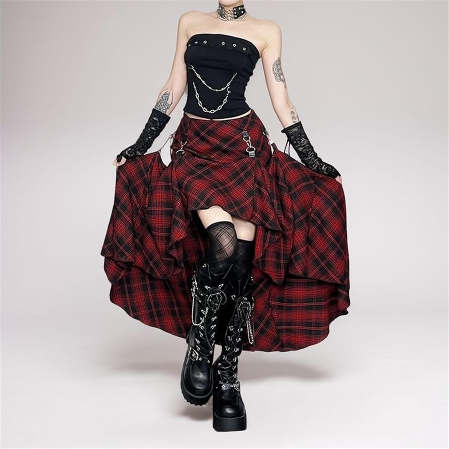 win2win Y2k Asymmetrical Midi Skirt Women Goth High Waisted Punk Plaid Grunge 90s Hi Low