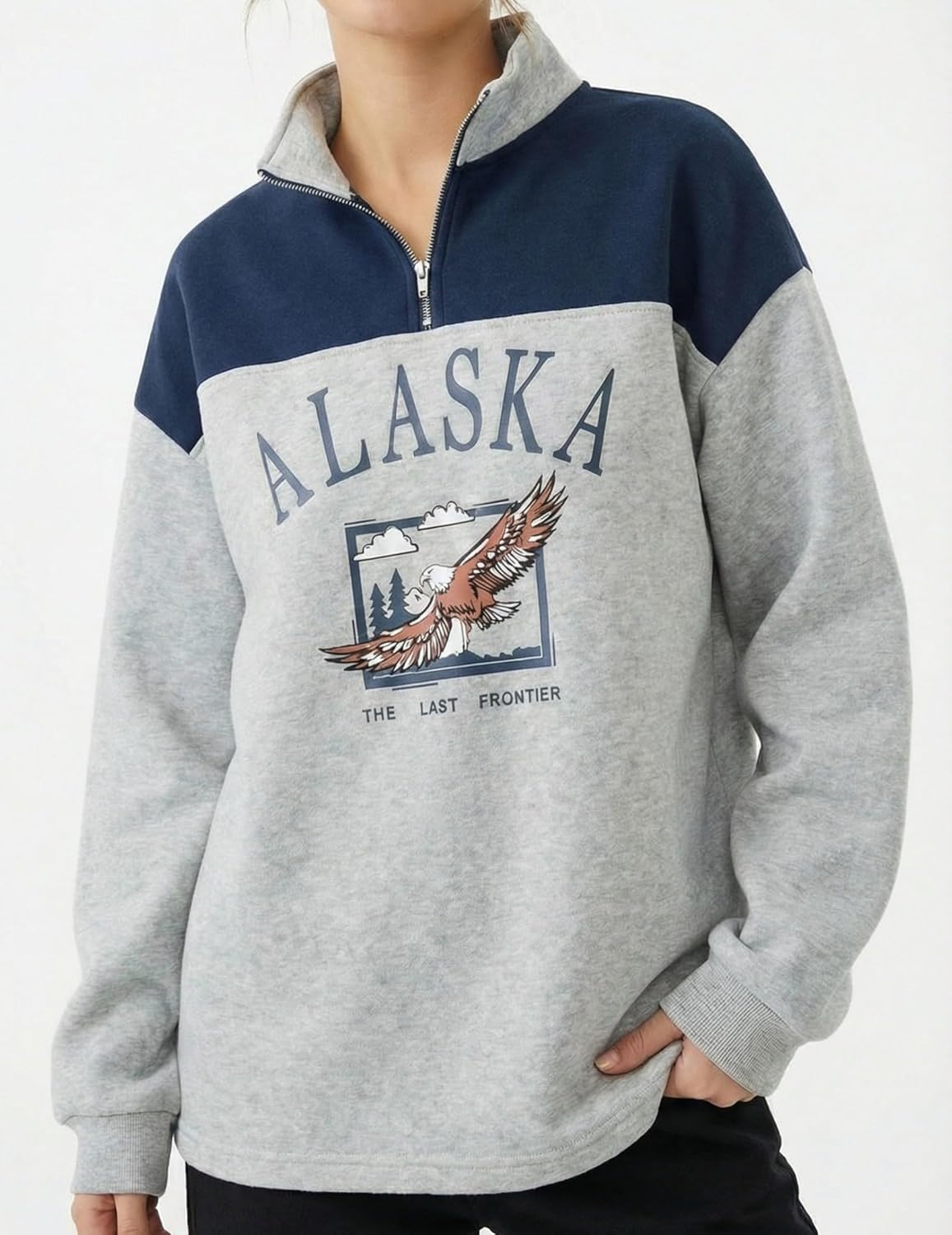 ZAFUL Women's Oversized Quarter-Zip Sweatshirt Alaska Eagle Letter Colorblock Fleece-Lined Pullover Vintage Raglan Hoodie - Image 2