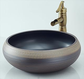 Vessel Sink Round 16 Inch Bathroom Sink, Counter Top Black+ Coffee Color Cloakroom Porcelain