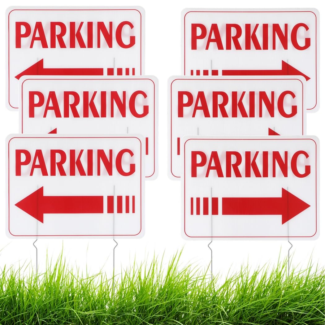 6 Pack Parking Signs, Outdoor Parking Signs with Metal Stakes, 15.7” x 11.8” parking signs for outside, Arrow Signs with Stakes