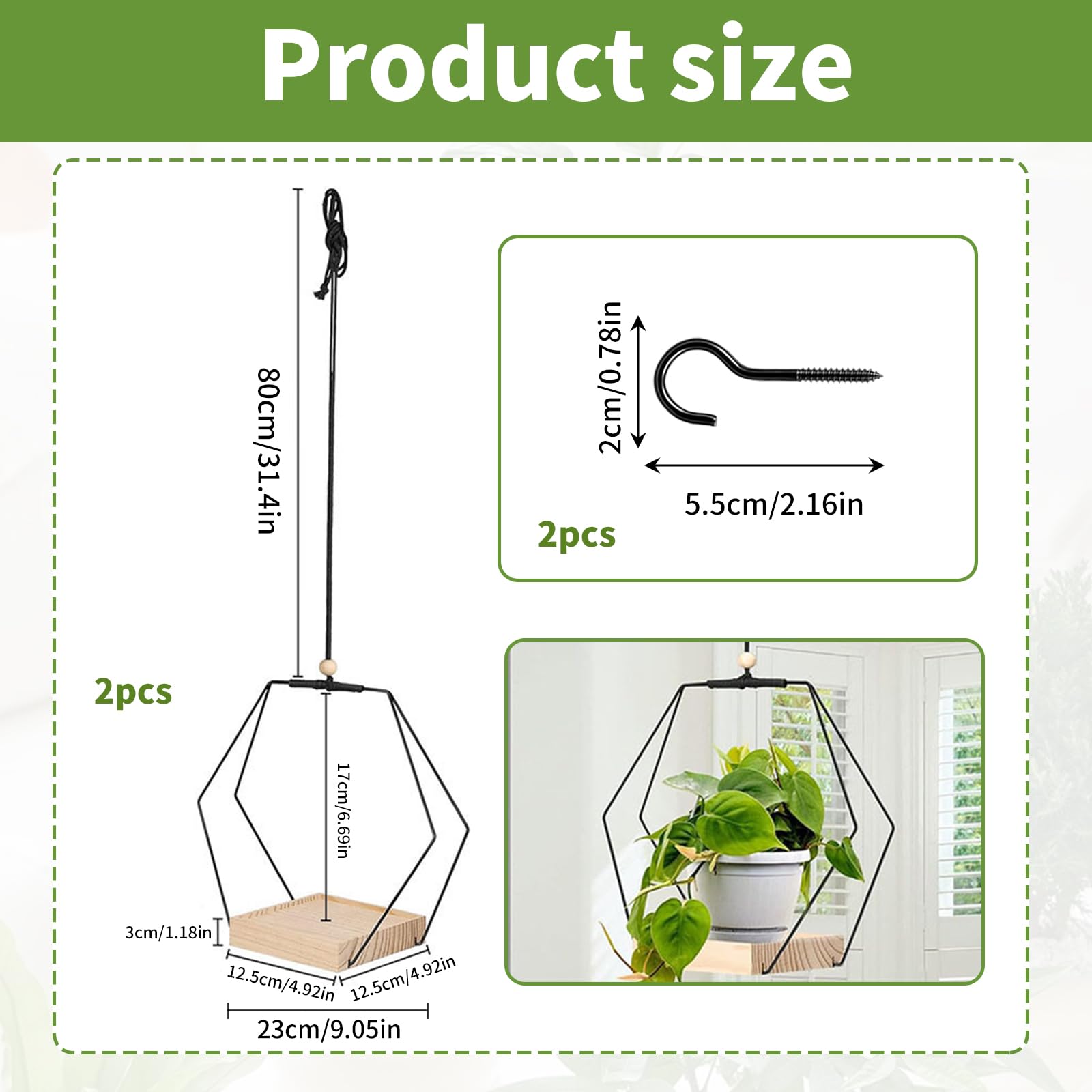 Lot De 2 Pots Suspendus Pour Plantes – Métal Doré Avec Base En Bois – Diamètre 30 Cm – Pour Intérieur Ou Extérieur – Installation Facile