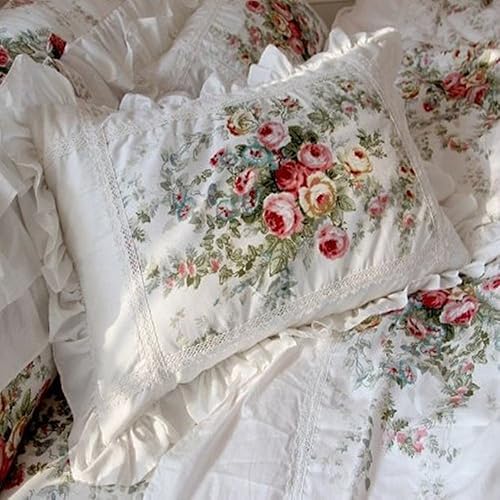 Miniatura 3 de FADFAY Juego de edredón tamaño Queen con funda de edredón y falda de cama de 7 piezas, diseño de rosas vintage desgastadas, 100% algodón, suave y