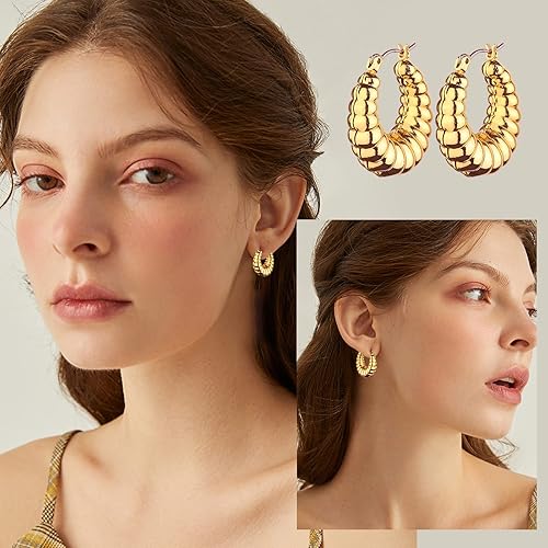 Miniatura 2 de Gold Chunky Hoop Earrings Set for Women, 14K Gold Plated Twisted Huggie Hoop Earring Hypoallergenic, Thick Open Hoops Set Lightweight