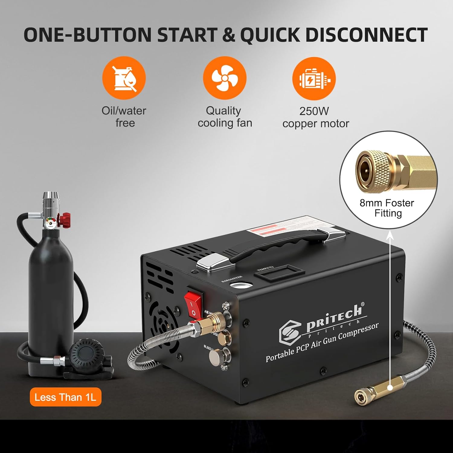 TW03 PCP Air Compressor,Portable 4500Psi/30Mpa,Water/Oil-Free,PCP Rifle/Pistol and Paintball Tank Air Pump, (110V AC or 12V Car Battery) with Power Converter and Oil-Moisture Filter