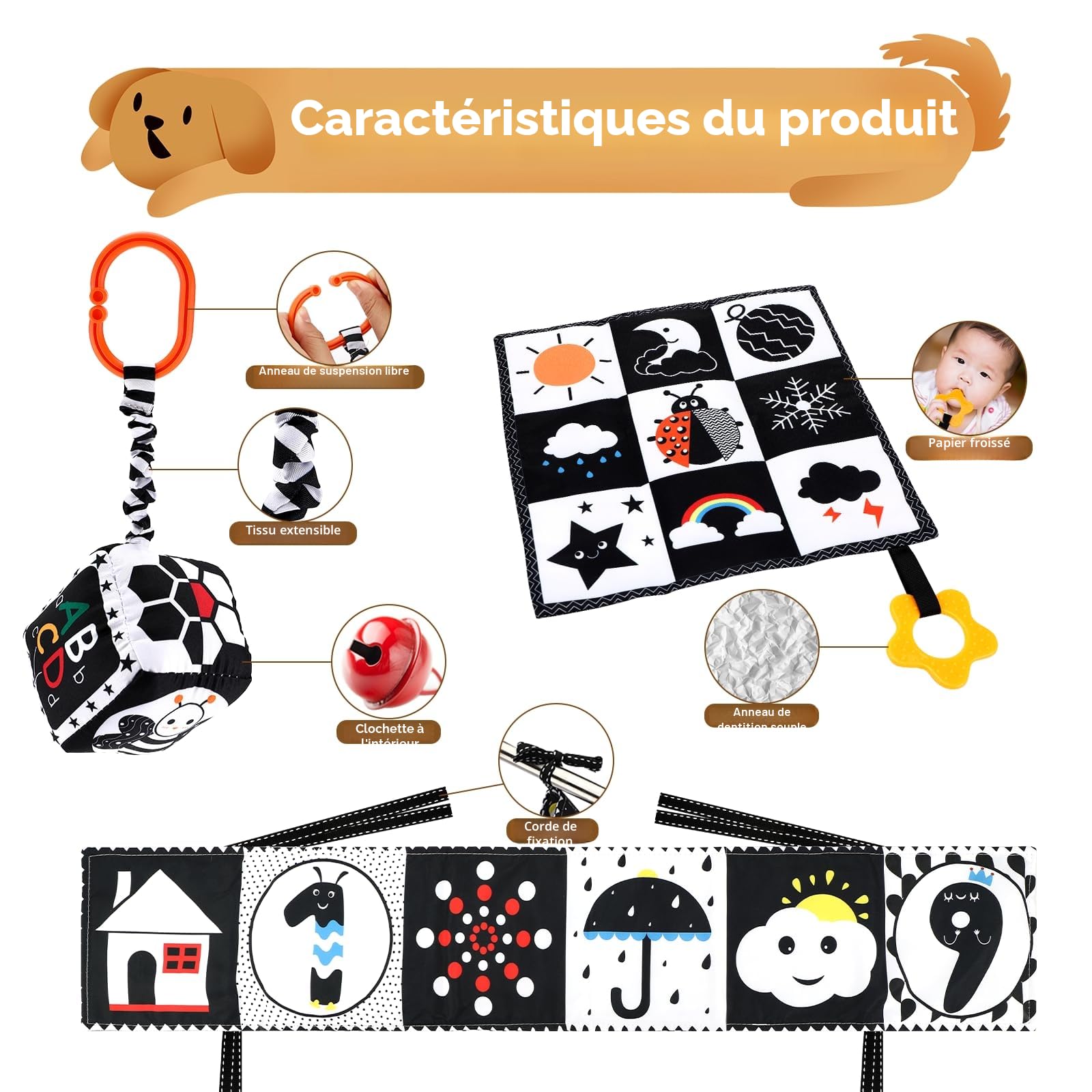 Collazoey Black Noir et Blanc Bébé Montessori, Livres D'éveil Sensoriel Bébé, 0-3-6-12 Mois Livre D'eveil Double Face en Tissu, Livr e Doux Froissé, Cadeau Parfait pour Bébé 0-12 Mois