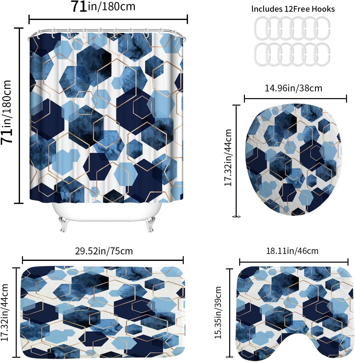 Muuyi 4Pcs Navy Blue Geometric Shower Curtain Set, Neutral Modern Art Deco Shower Curtain with Hooks, Elegant Trendy Simple Bathroom Sets with Shower Curtain and Rugs, 71 * 71in