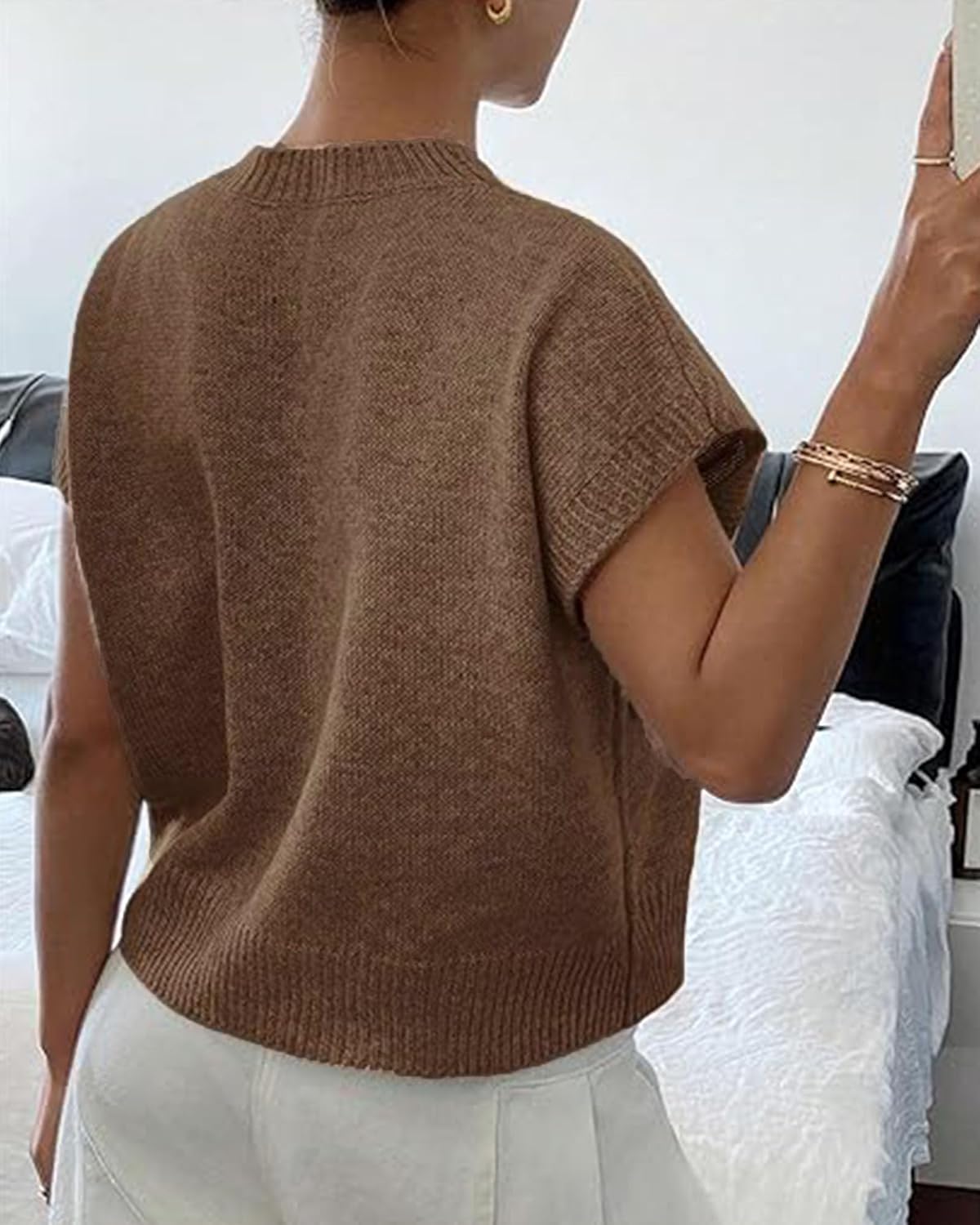 Short Sleeve Sweater for Women Ribbed Crew Neck Loose Fit Knit Pullover Tops - Image 2