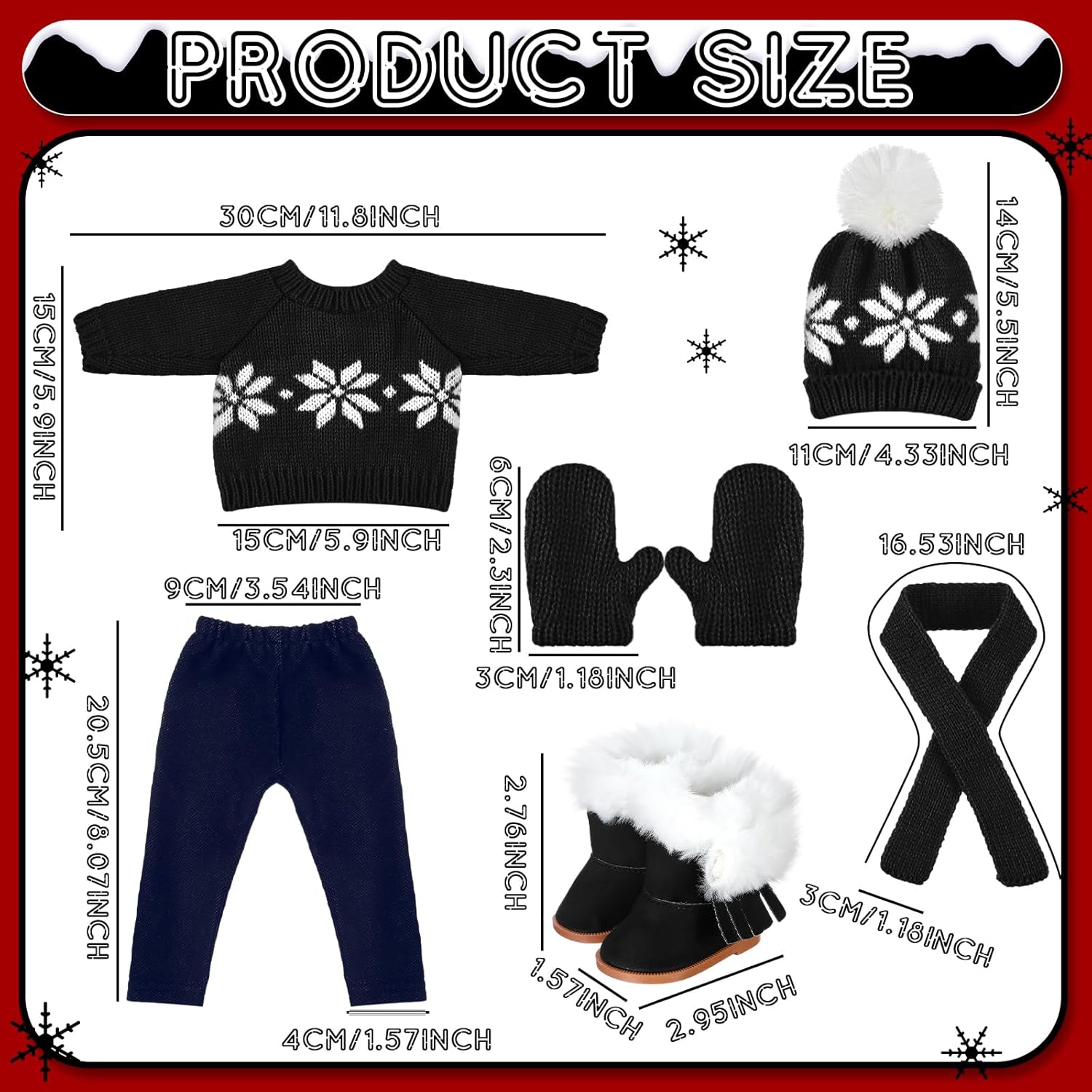 Bencailor 6 Pcs 18 Inch Christmas Doll Clothes and Accessories Winter Outfits Set Sweaters Trousers Hats Shoes Gloves for 18 Inch Doll Gifts(Black)