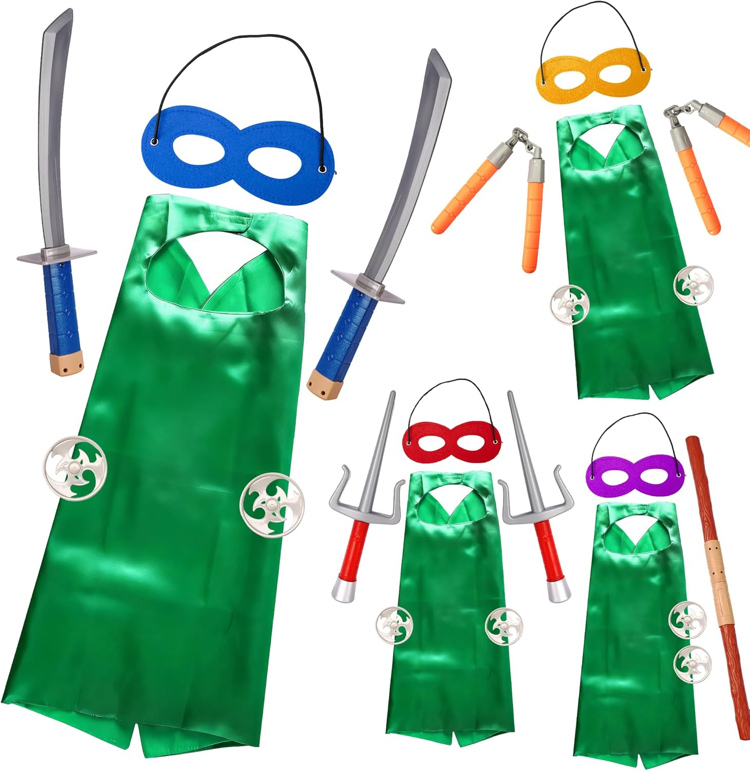 Kids Superhero Ninja Costume and Weapons Set Super Hero Ninja Capes and Masks Accessories for Boy Cosplay Dress Up Parties Green