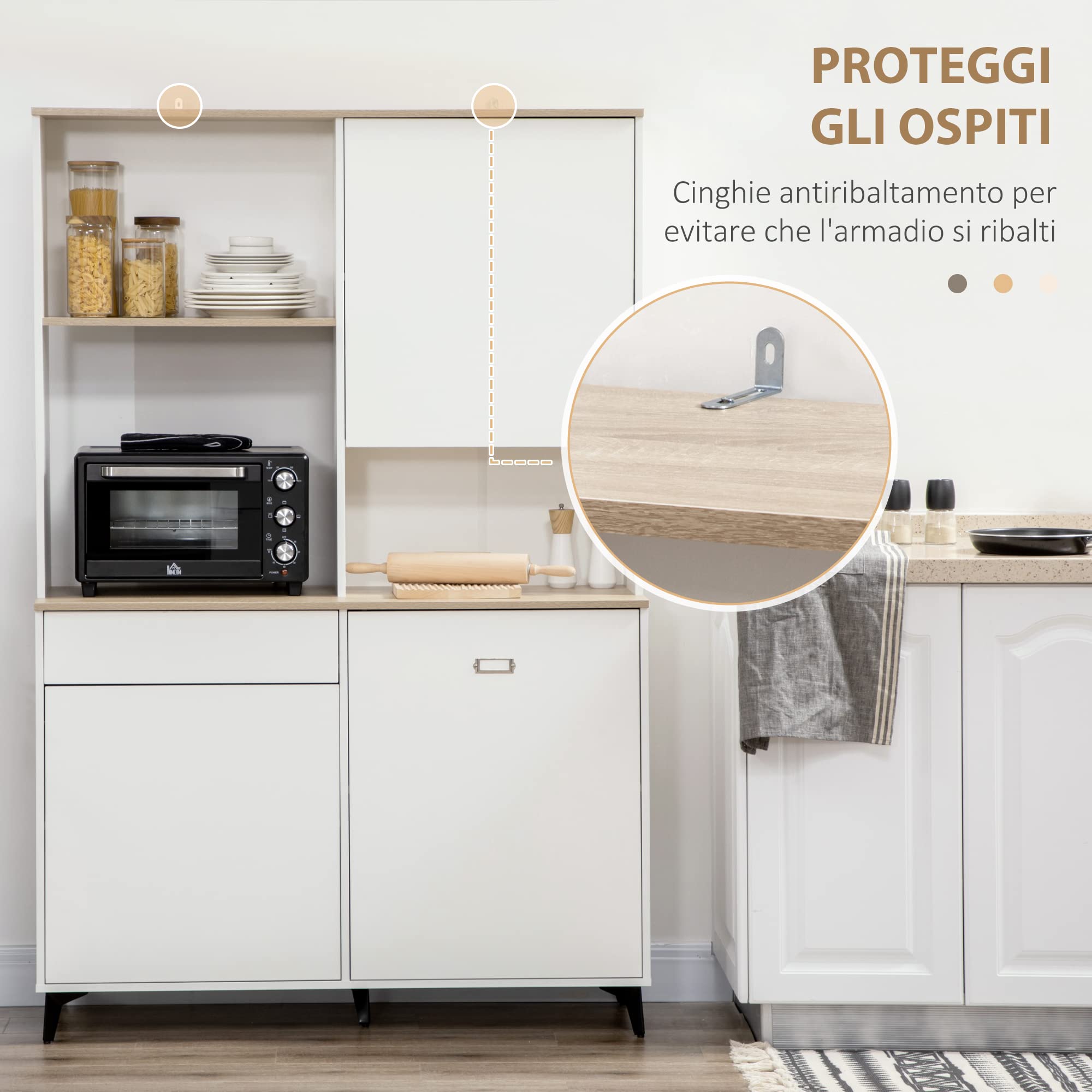 HOMCOM Dispensa Cucina in Truciolato e MDF con Ripiani Aperti, Armadietti e Cassetto per Utensili ed Elettrodomestici, 119x41x180 cm, Bianco
