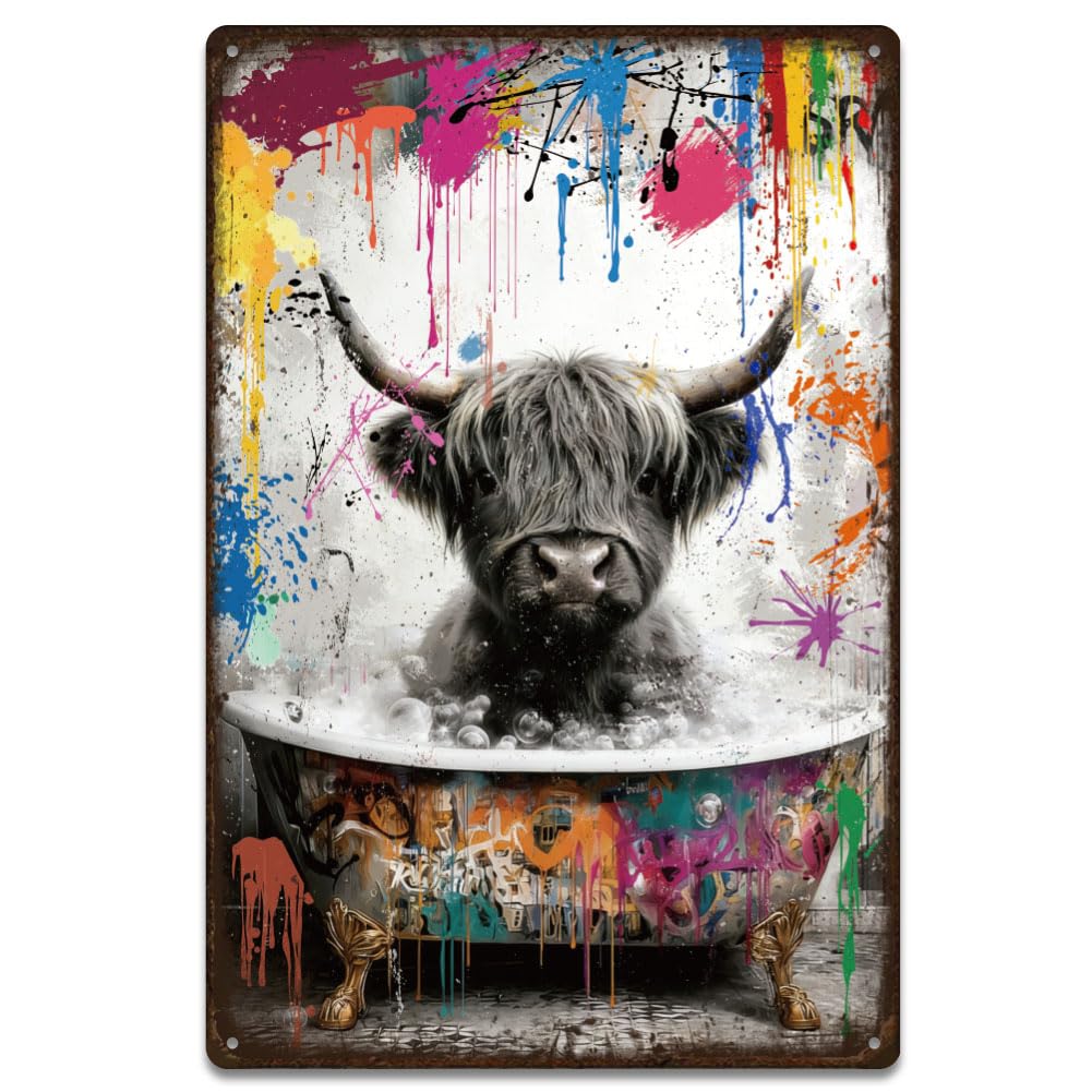 SUPERDANT 1Pcs Highland Cow Metal Signs 30x20cm Bathtub Cow Tin Signs Wall Decor Colorful Graffiti Tin Plaque Pre-Drilled for Bathroom Porch Bedroom Colorful