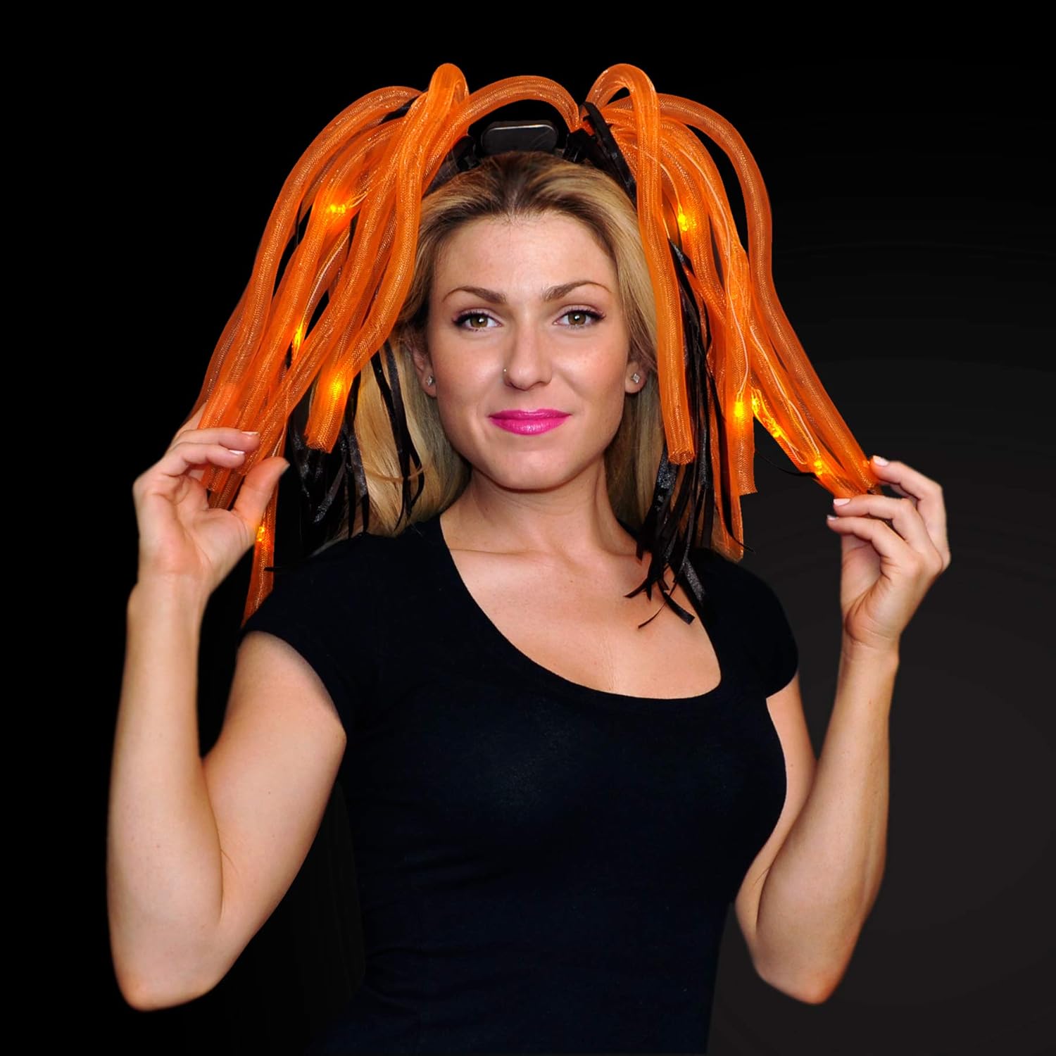 FlashingBlinkyLights Light Up Orange Hair Noodle Head Bands with Black Ribbons (Set of 12)