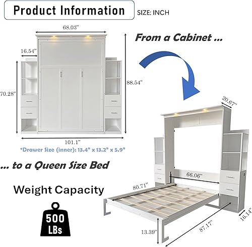 Miniatura 9 de DNYN Cama Murphy de tamaño Queen con estante de almacenamiento y diseño de marco de cama plegable y de pared, para espacios pequeños, dormitorio,