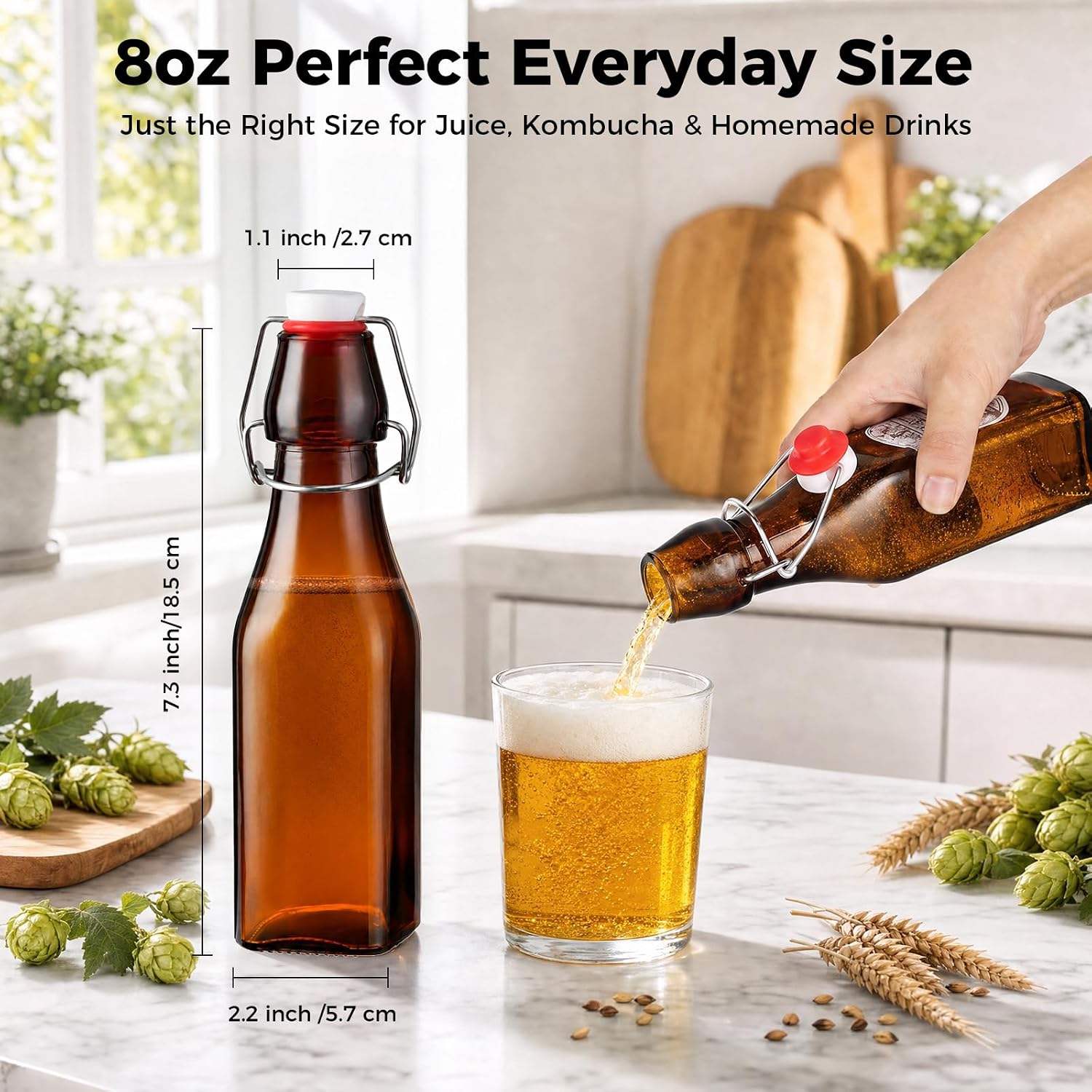 Ruckae Amber Square Swing Top Glass Bottles with Lids Kombucha Flip Top Glass Bottle for Coquito Syrup Vanilla Extract Brew Beer Kefir Air Tight Bottles for Gift (8oz 12pack)