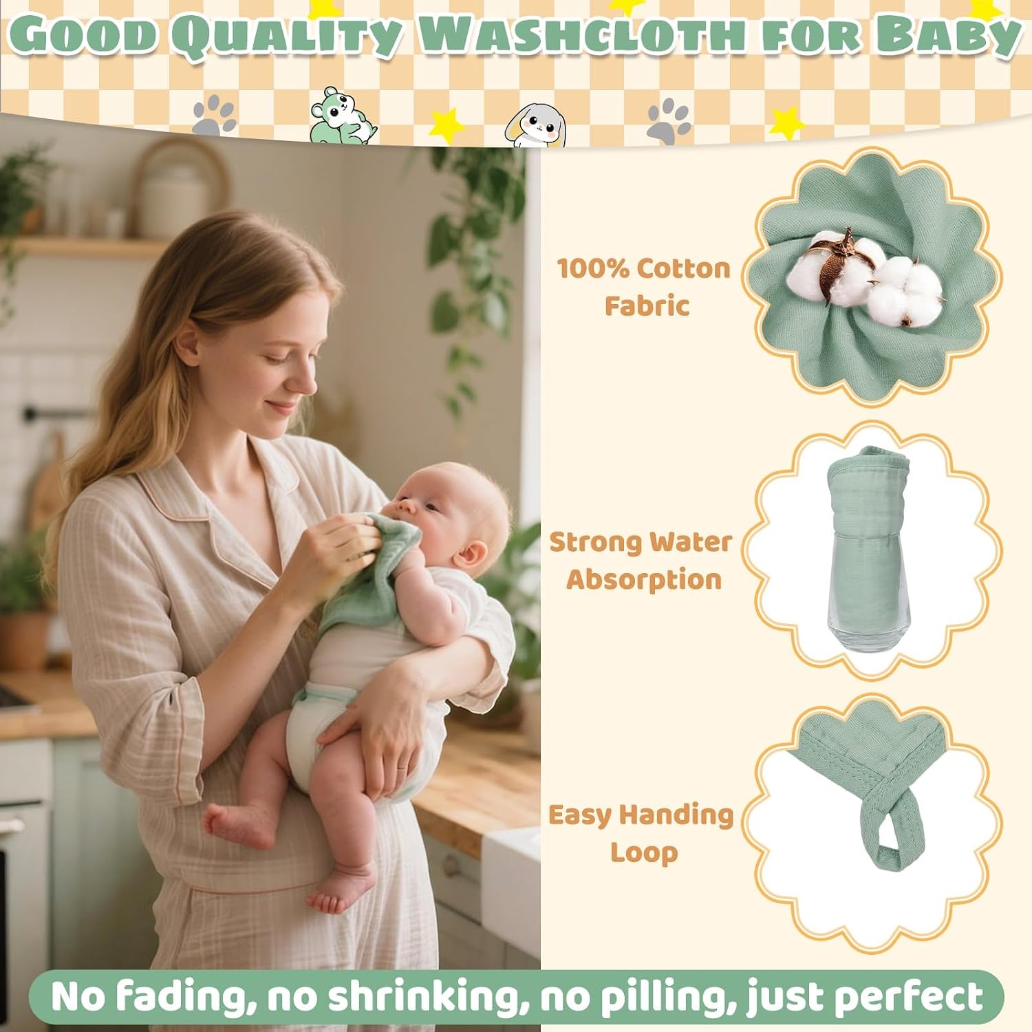 Flasoo 6 Pcs Muslin Hooded Baby Bath Towels Sets - 2 Pack 100% Cotton Baby Towel & 4 Pack Muslin Washclothes- 32x32Inch Baby Towels Cotton for Babies, Infants, Toddlers, 100% Cotton, Bath Essentials