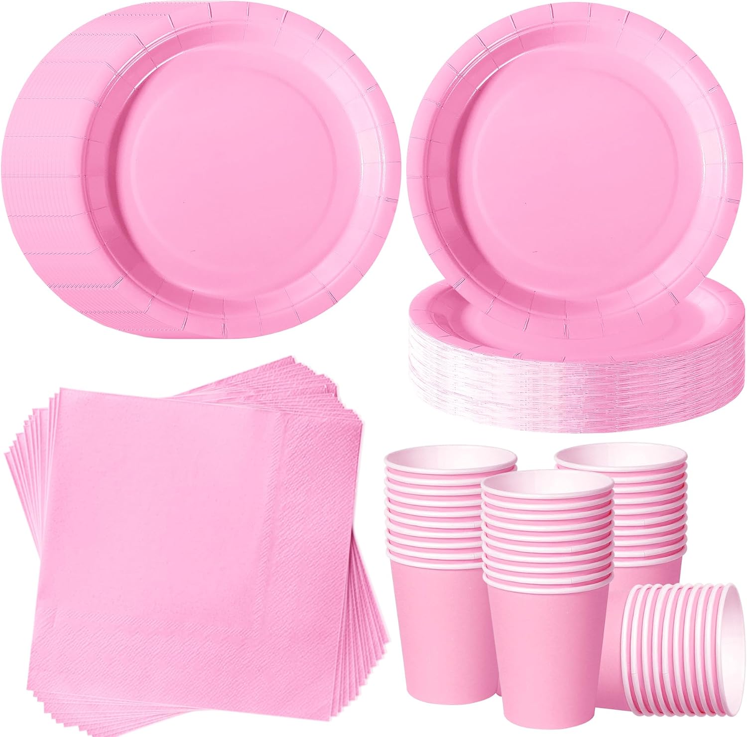 Light Pink Party Tableware Set for 40 Guests | 40 x 7-inch Round Paper Plates, 40 x Cups & 40 x Napkins | Baby Shower for Girl, Pink Birthday Party & Romantic Gathering