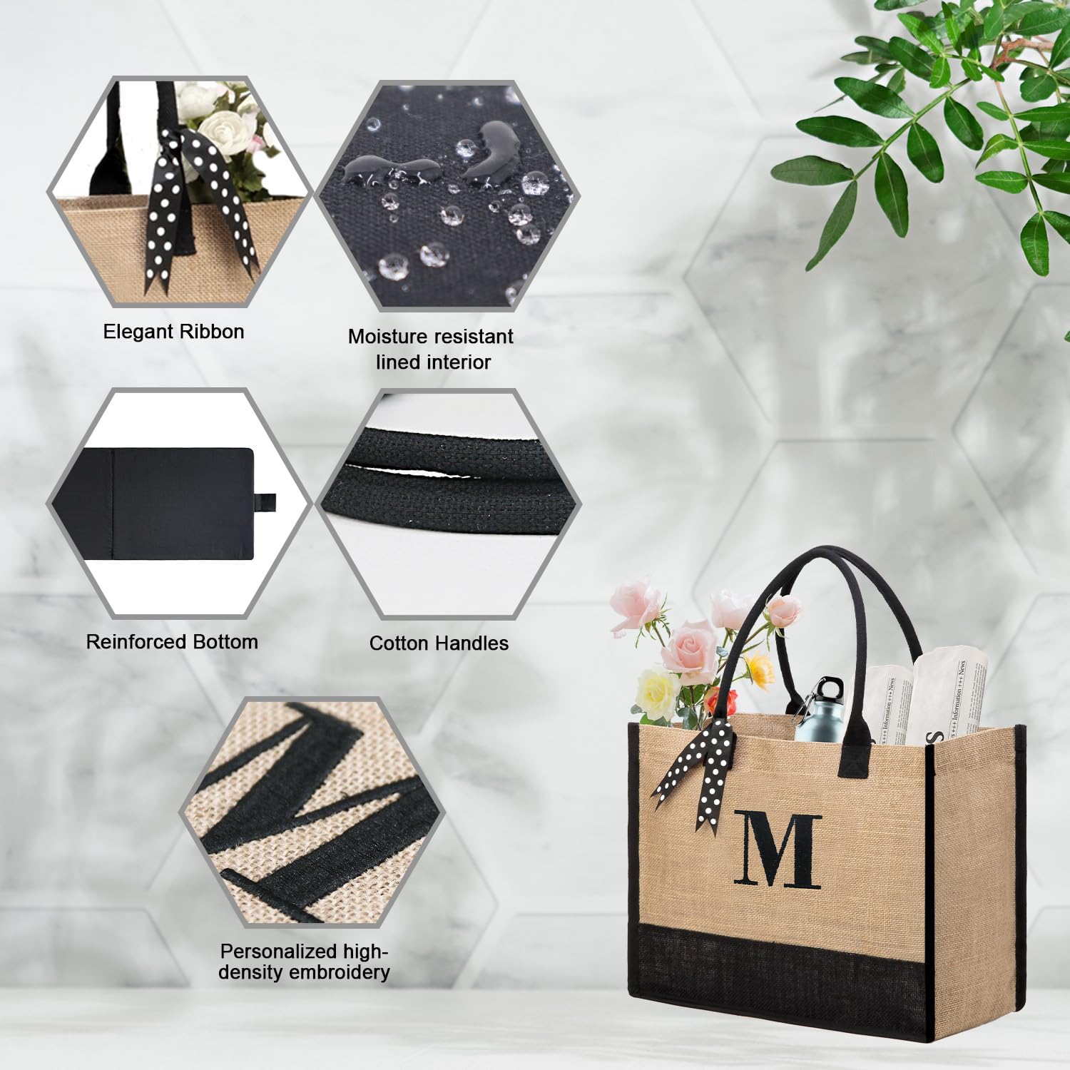 Miniatura 3 de BeeGreen Bolsas de yute con monograma para mujer, bolsa de mano con inicial, regalos de cumpleaños personalizados para madre, bolsa de boda para