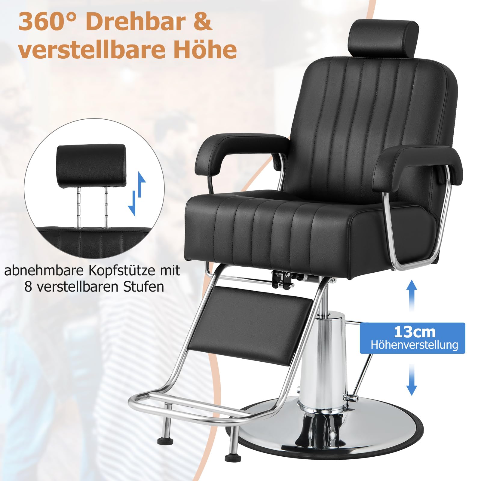 COSTWAY Friseurstuhl mit Kopfstütze & Rückenlehne, Hydraulikpumpe, Salonstuhl höhenverstellbar, Friseursessel 360° Drehung, Bedienungsstuhl belastbar bis 150kg