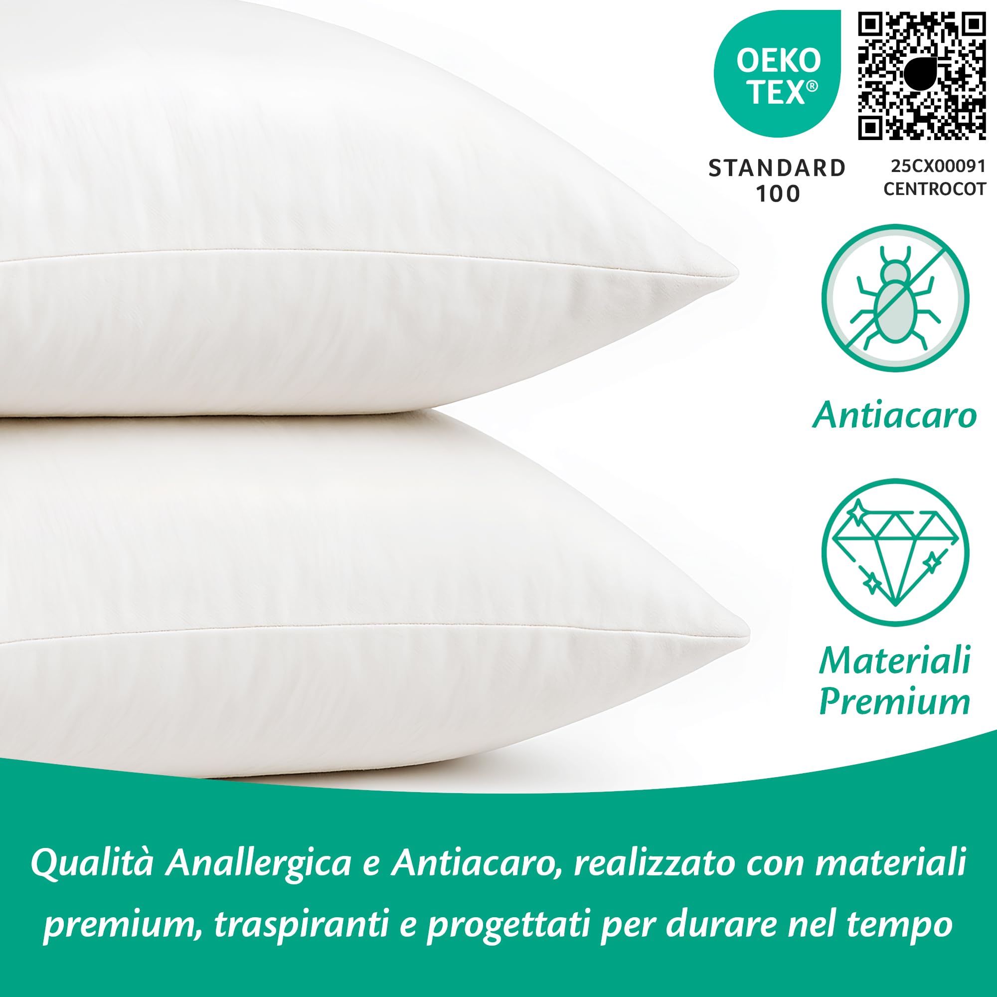 Flowen Cuscini Letto Coppia di Guanciali 50x80 per Dormire Imbottitura Standard Antiacaro Anallergico Traspirante Rettangolare per Matrimoniale Singolo con Federa in Microfibra Lavabile