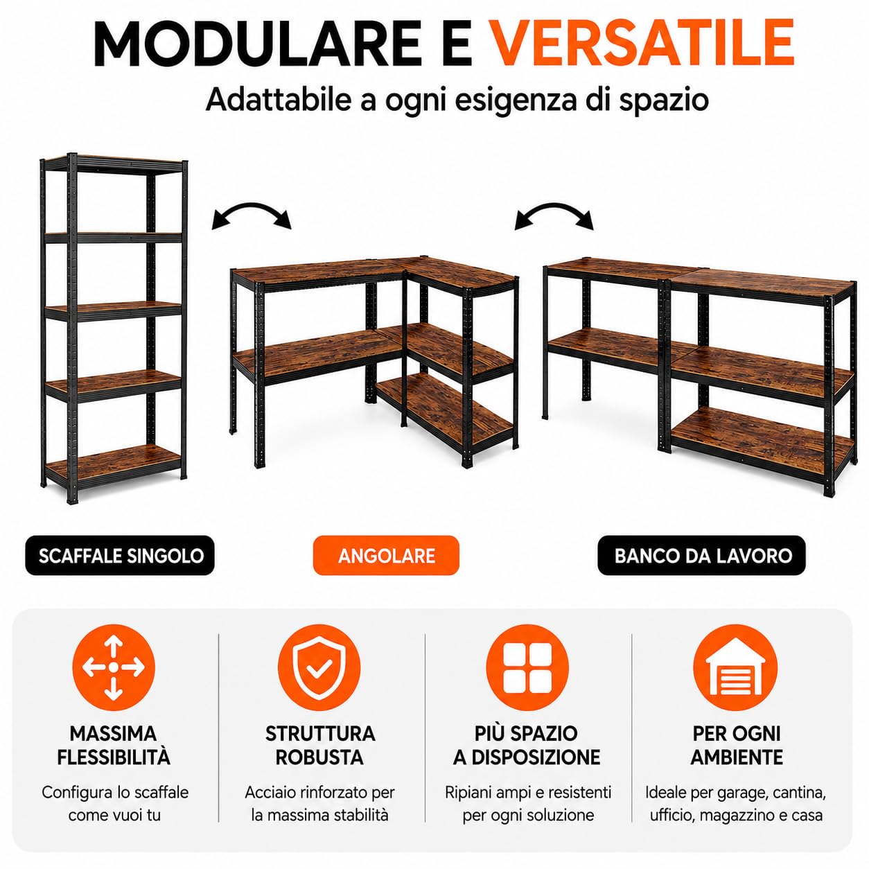 KOMBO - Scaffale Industrial 5 Ripiani in Acciaio e MDF Effetto Legno – Libreria Modulare Portata 875 kg, Struttura Robusta per Garage, Ufficio e Casa, 90x40x180 cm