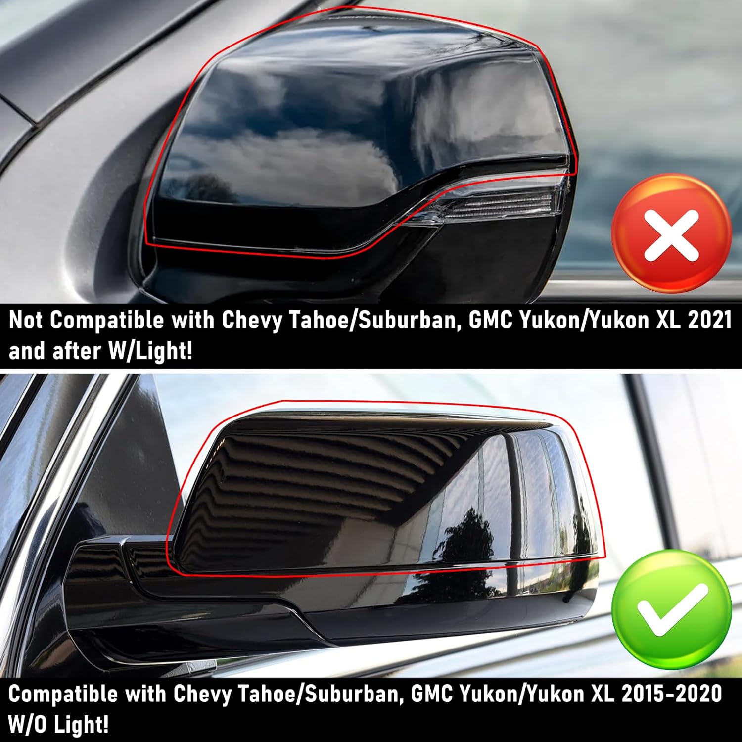 Moonlinks Compatible with Chevy Tahoe/Suburban GMC Yukon/Yukon XL 2015-2020 Mirror Cover, Glossy Black Left&Right Side Clip-on Mirror Cap Without Turn Signal for Cadillac Escalade 2015-2019