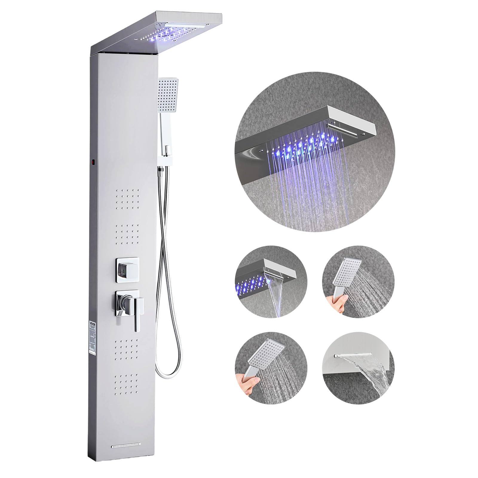 VEVOR Pannello Doccia a Torre con Soffione a Cascata LED, Colonna Doccia in Acciaio Inox Spazzolato 1345 mm, Rubinetto 5 Funzioni con Doccetta e Beccuccio per Vasca