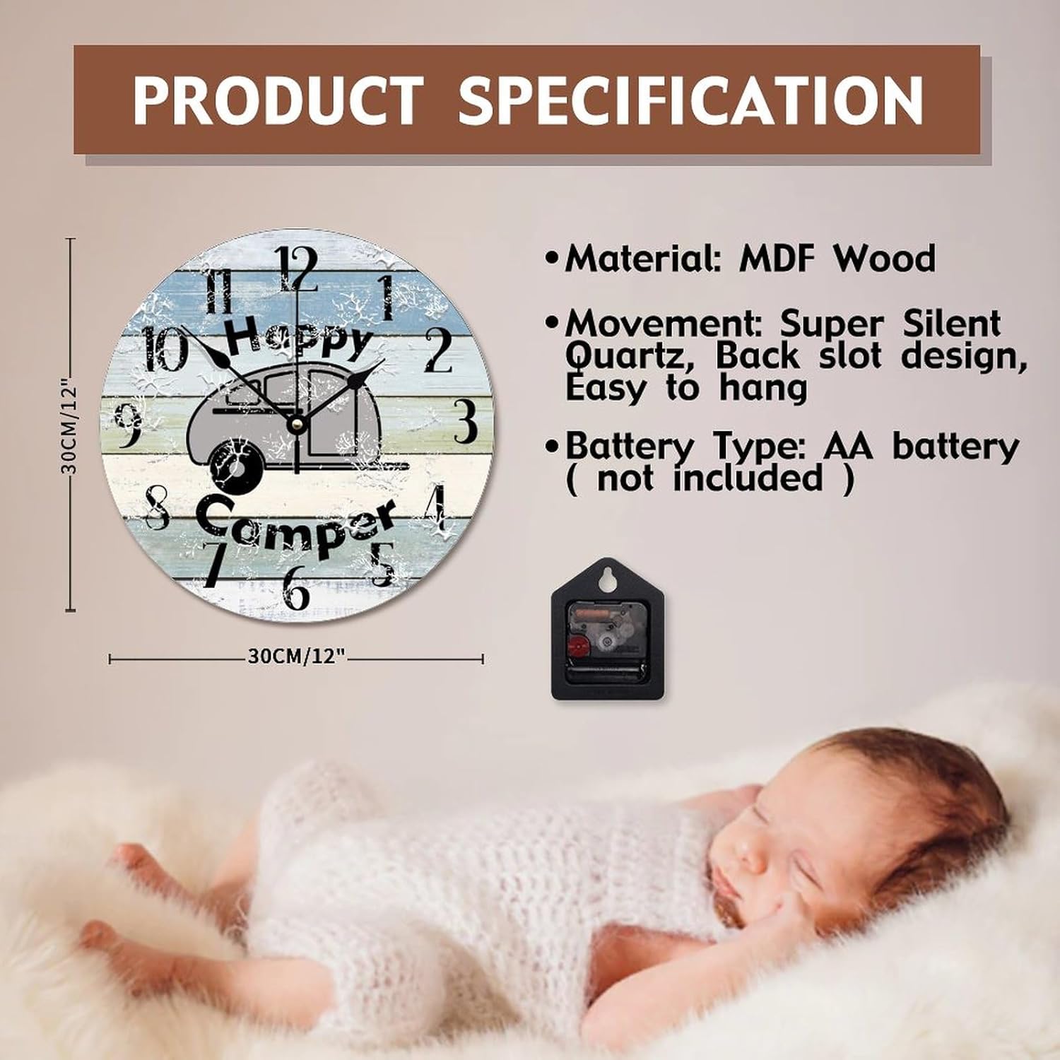 ArogGeld Summer Camping Wall Clock Happy Camper Wooden Wall Clocks Battery Operated 12 Inch Silent Non-Ticking Time Clock Modern Wall Art Farmhouse Home Decor for Kitchen Bedroom Living Room