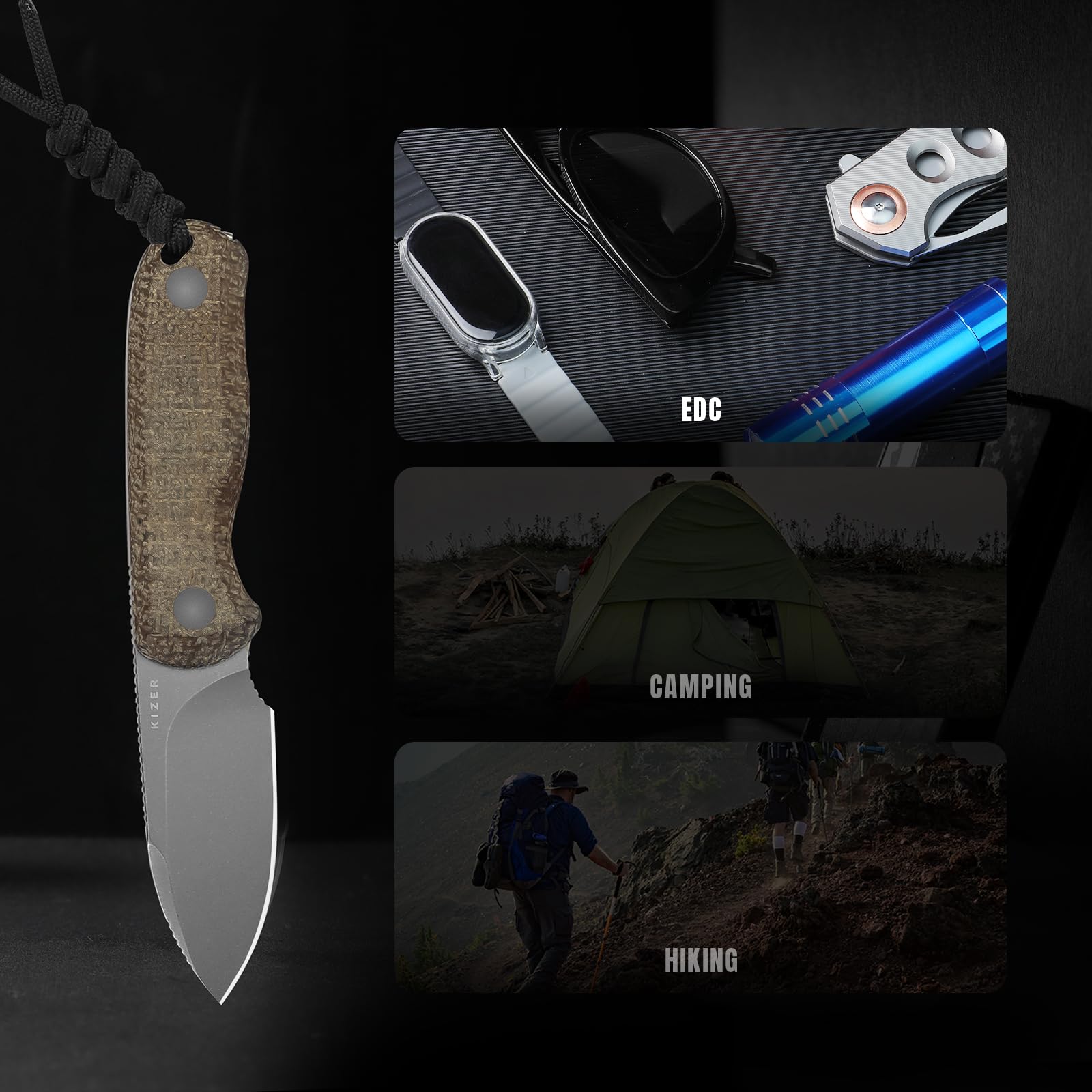 Kizer Drop Bear Fix Couteau de Camping, Lame Fixe EDC 2,57" en 14C28N avec Manche en Micarta Jute, Couteaux de Randonnée à Soie Pleine avec Étui Kydex Réglable, 1094A1