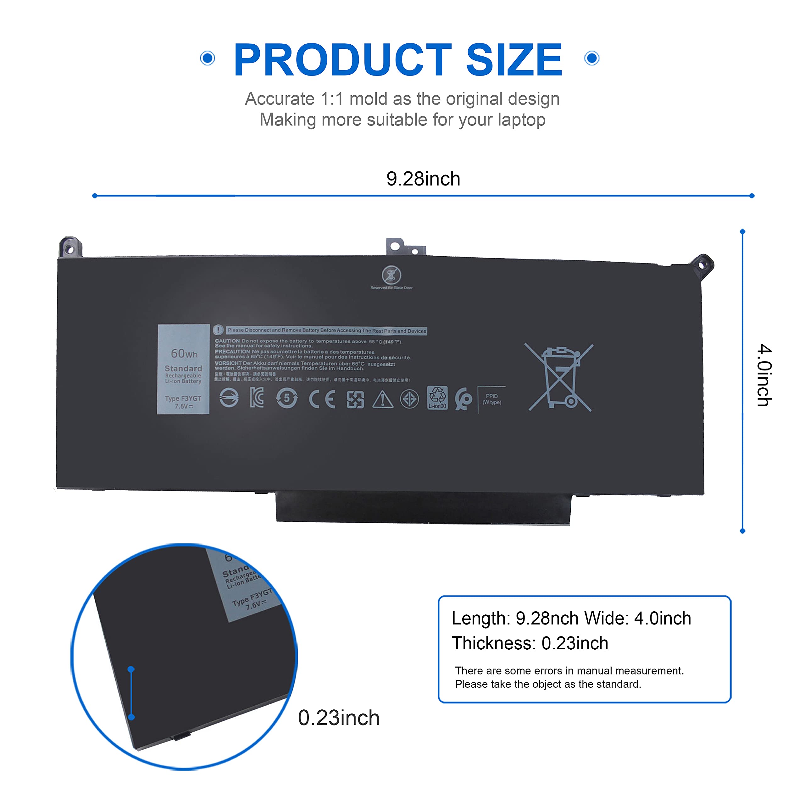 F3YGT Latitude 7480 7490 Battery for Dell 14 12 13 7000 7280 7290 7380 7390 E7480 E7490 E7280 E7290 E7380 E7390 P73G P73G002 P29S002 DM3WC ODM3WC DM6WC 2X39G KG7VF 451-BBYE 453-BBCF 0F3YGT 60Wh