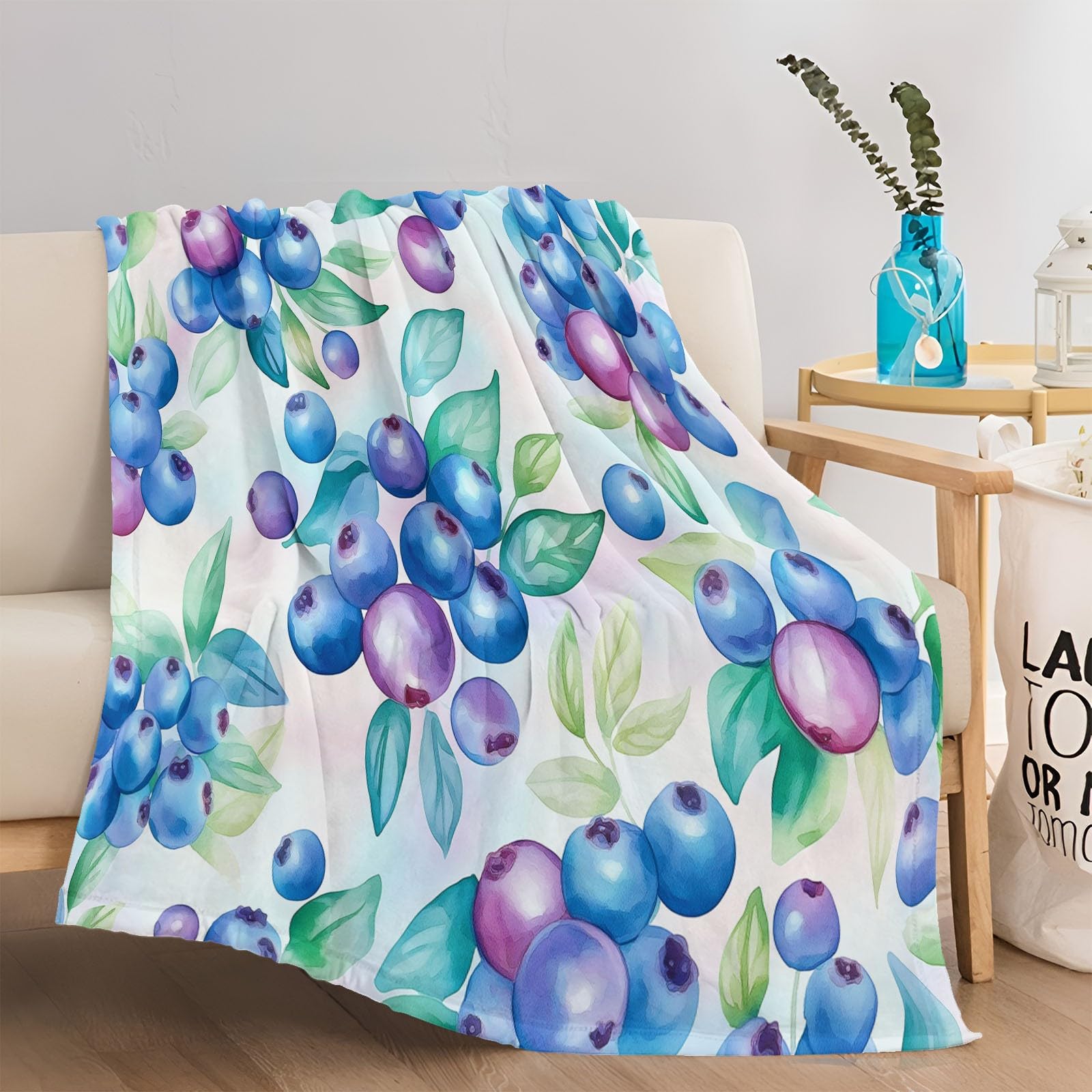 Manta Estampada 220 X 240 cálida Manta acogedora sofá Mantas Mantas de Arándanos y Hojas Coperta Microfibra Pelosa, per Letto Soggiorno Azul