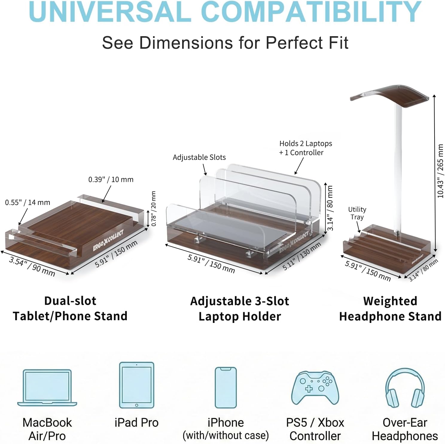 Vertical Laptop Stand for Desk – Adjustable Dual Slot Holder (Fits 2 Laptops & Controller), with Matching Headphone Stand & Phone/Tablet Holder, Acrylic Wood Finish
