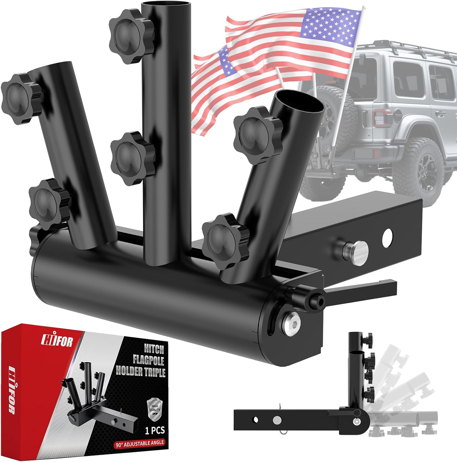 90° Adjustable Hitch Flag Pole Holder for Truck – Triple Receiver Mount Flag Pole Kit with Flag Included, Rust-Resistant Heavy-Duty Metal for RV, Trailer, Camper, Jeep