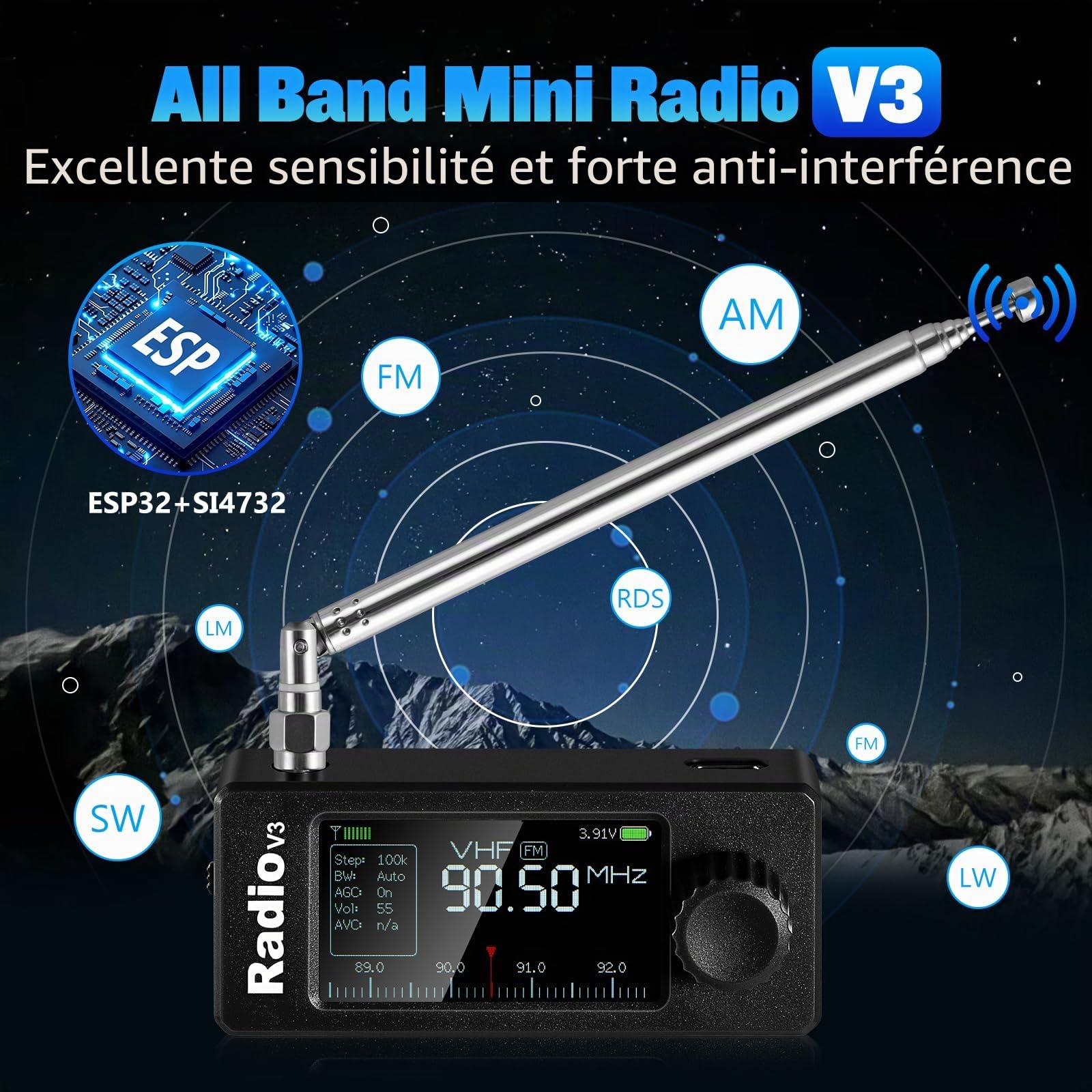 AURSINC Si4732 Mini récepteur radio V3 de poche à ondes courtes, radio HF SW MW VHF toutes bandes, mode AM/FM/LSB/USB, avec batterie de 800 mAh pour aventures en plein air, voyage, utilisation