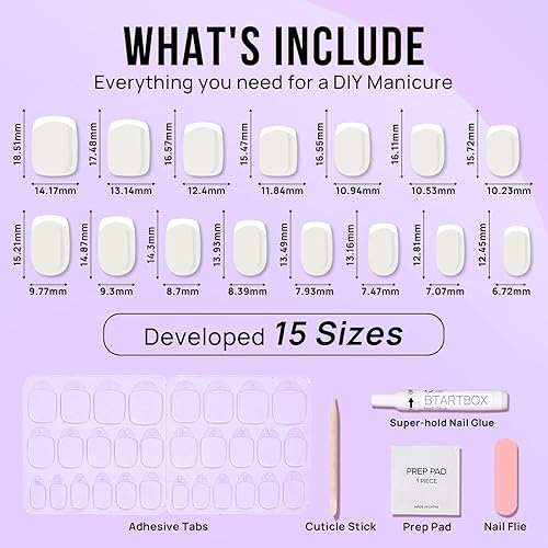 Miniatura 5 de BTArtbox Press On Nails - White French Tip Press on Nails Square, Glue On Nails for Wedding Gift, Supremely Fit & Natural Stick On Nails in 15 Sizes