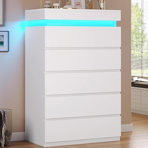 Miniatura 7 de Cómoda alta de 5 cajones con luz LED, cómoda moderna blanca para dormitorio, vestidor de armario con cajones para sala de estar, entrada, pasillo