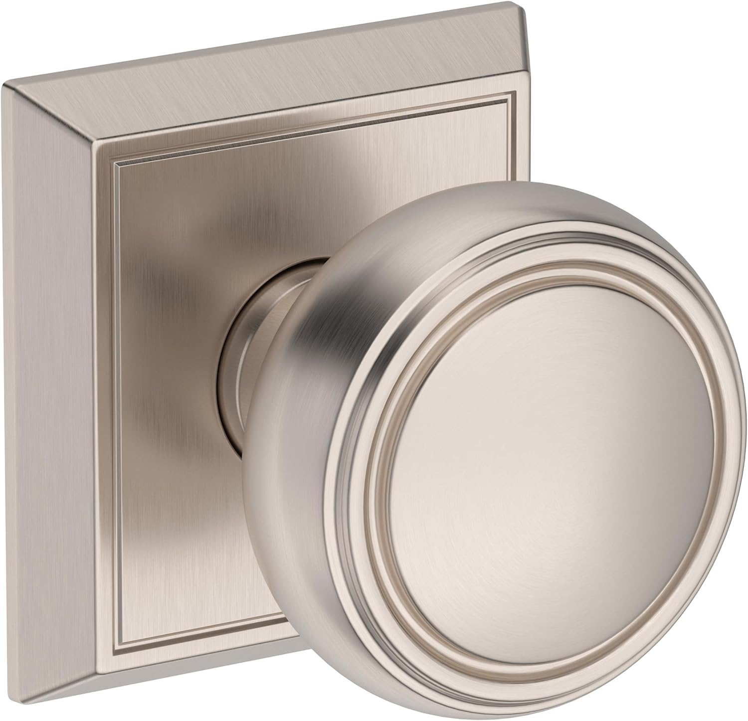Baldwin PS.BRE.CHR Bremerton Passage Door Knob Set with Chamfered Square Rose from the Reserve Collection - Satin Nickel