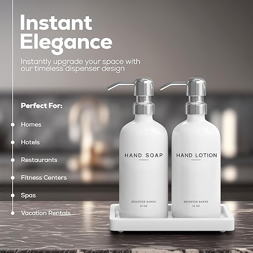 Miniatura 2 de Brighter Barns - Juego de dispensador de jabón y loción de vidrio blanco, bandeja dispensadora de jabón de baño, dispensador de jabón líquido para
