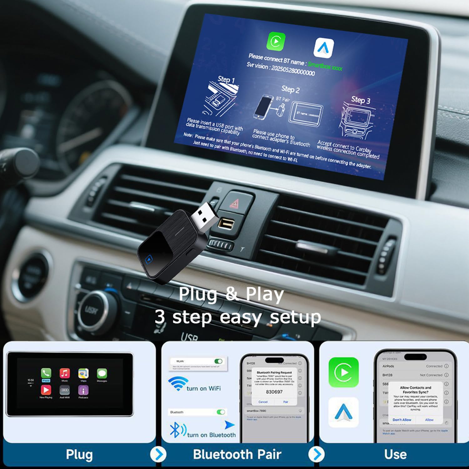 CarPlay Wireless Adapter 2025 Upgrade CarPlay Dongle,Adapter 2 in 1 CarPlay & Android Auto Converts Wired to Wireless per iPhone, Plug and Play Adapter Compatible with iPhone iOS 10+/Android11+