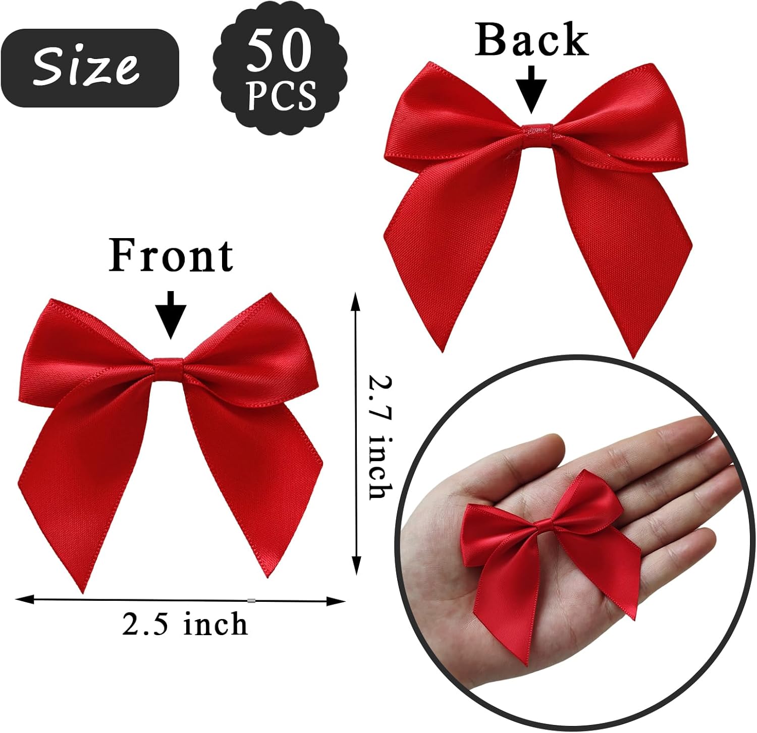 50pcs Mini Red Bows for Gift Wrapping, 2.5 Inch Red Satin Ribbon Bows for Craft Twist Tie Bows with Double - Sided Tape for Treat Bags Pretied Bows for Baby Shower Wedding Decorations - Image 2