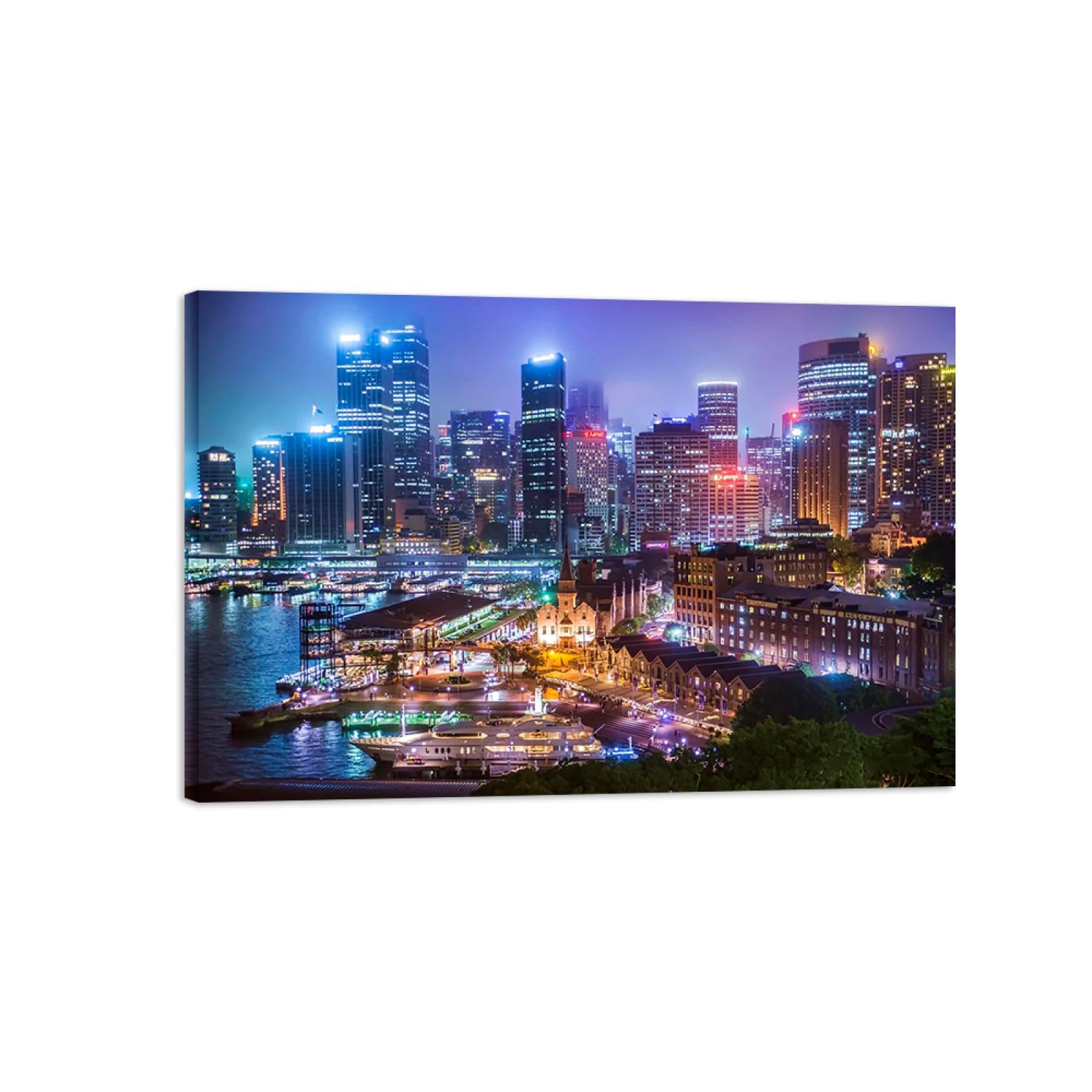 Stadtlandschaft Leinwandbild Fertig zum Aufhängen-Landschaftsbilder auf Leinwand-Nachtlandschaft Gebäuden Wandbilder Wohnzimmer-Panorama Kunstdruck 30x45cm Umwickelte Leinwand