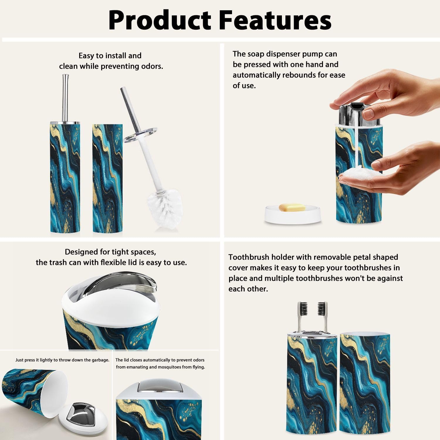 Bathroom Accessory Set 6PCS Sapphire Navy Blue Black Gold Marble Decor Art Modern Swirling Tones Trash Can, Soap Dispenser, Toothbrush Holder, Toothbrush Cup, Toilet Brush Holder, Soap Dish for Gifts