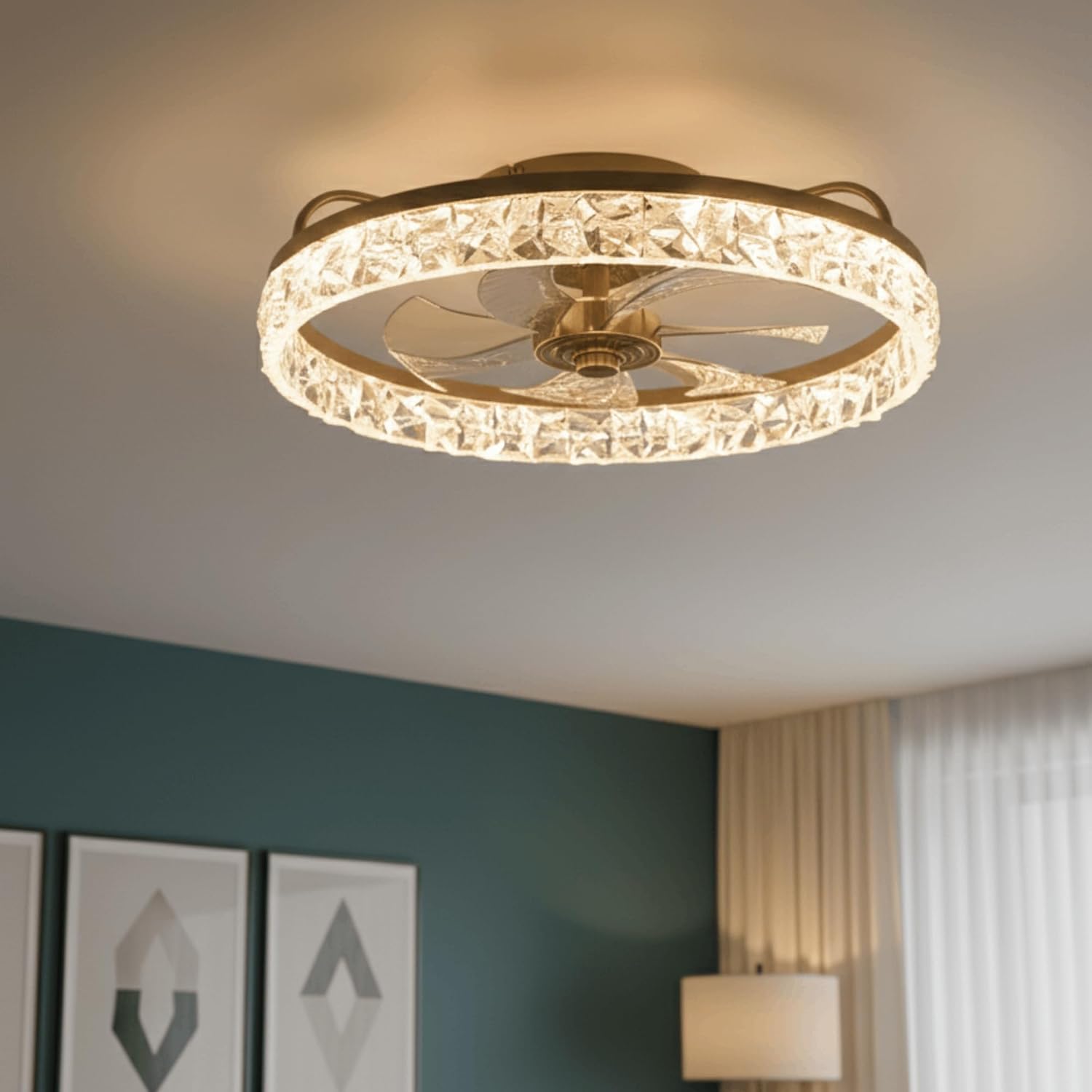 Modern Low Profile Ceiling Fan with Lights and Remote, 20" Flush Mount Fandelier, 6-Speed, Adjustable Color Temperature, Black Crystal Design