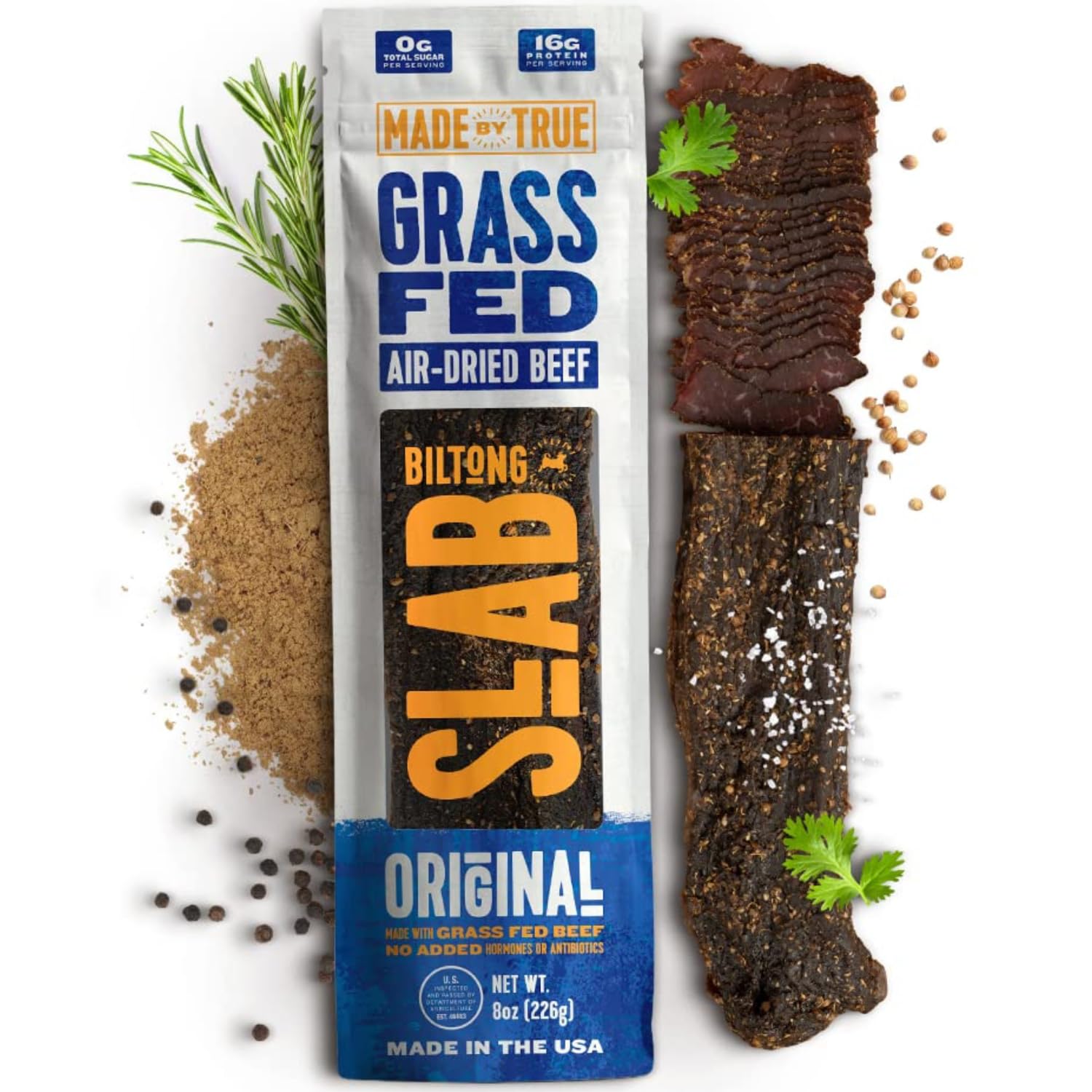 Made by True Original Biltong Slab - Premium Grass-Fed Whole Beef Jerky Slab (8 oz, Pack of 1) - High-Protein Keto Snack, All-Natural & Gluten-Free, Antibiotic-Free, No-Carb - (Uncut Charcuterie Slab)